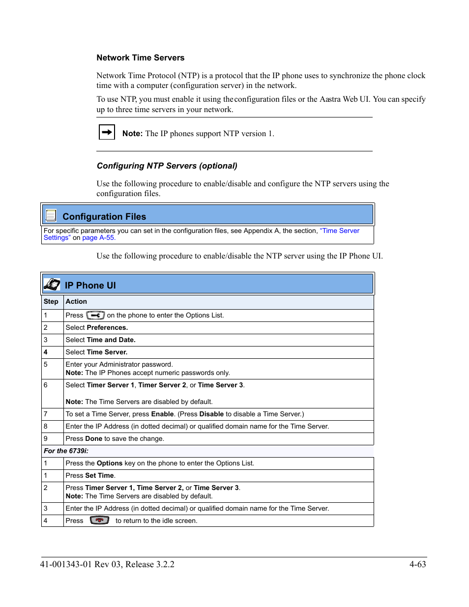 Network time servers, Configuring ntp servers (optional), Network | Time servers | AASTRA 6700i series, 9143, 9480i, 9480i CT SIP Administrator Guide EN User Manual | Page 226 / 1049