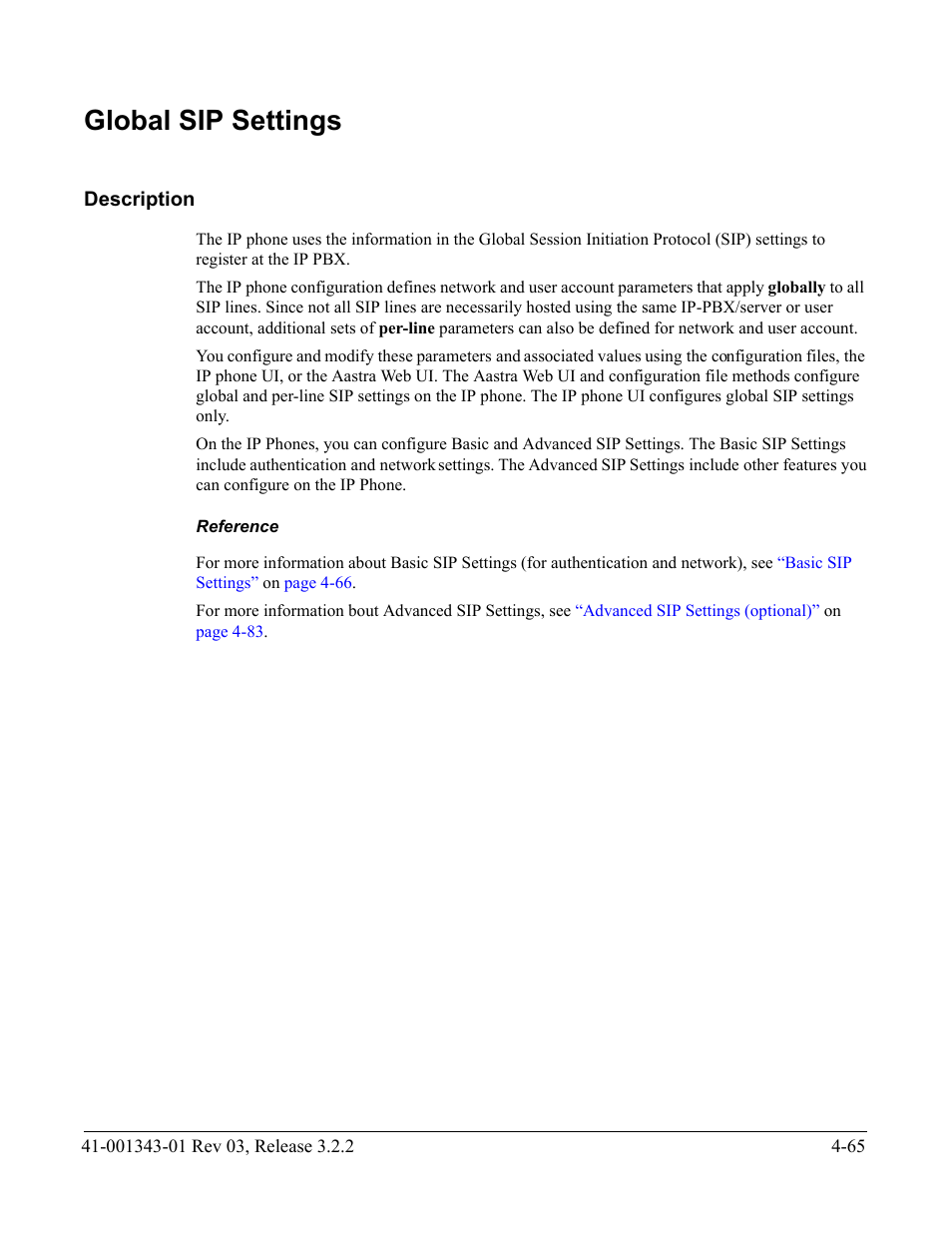 Global sip settings, Description, Reference | Global sip settings -65, Description -65 | AASTRA 6700i series, 9143, 9480i, 9480i CT SIP Administrator Guide EN User Manual | Page 228 / 1049