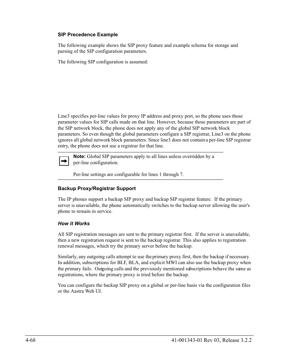 Sip precedence example, Backup proxy/registrar support, How it works | AASTRA 6700i series, 9143, 9480i, 9480i CT SIP Administrator Guide EN User Manual | Page 231 / 1049