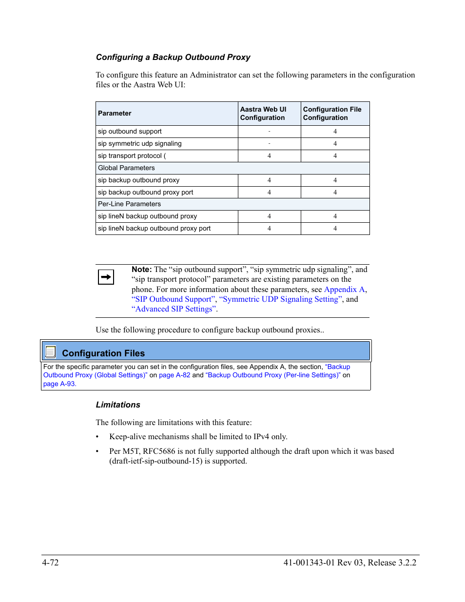 Configuring a backup outbound proxy, Limitations | AASTRA 6700i series, 9143, 9480i, 9480i CT SIP Administrator Guide EN User Manual | Page 235 / 1049