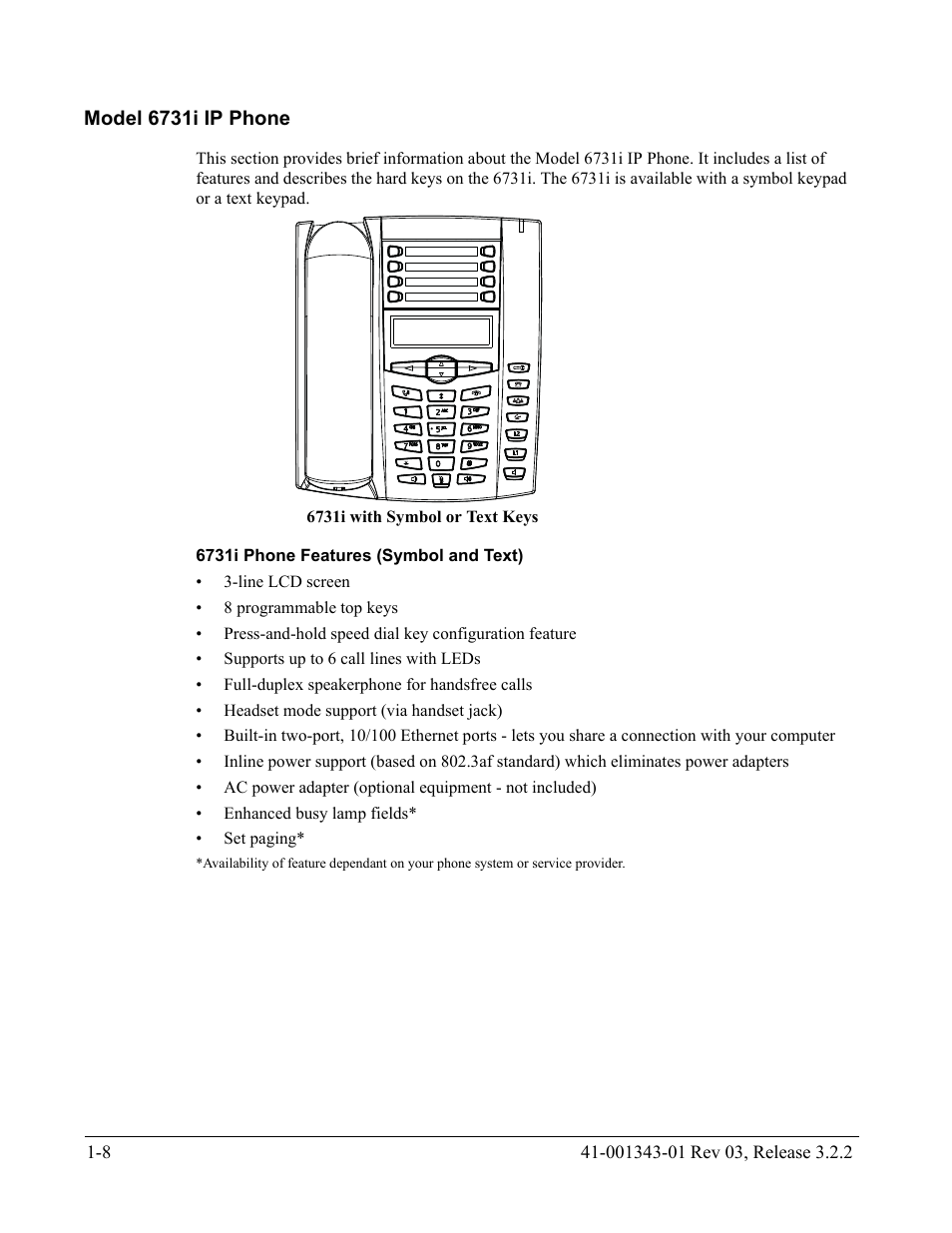 Model 6731i ip phone, 6731i phone features (symbol and text), Model 6731i ip phone -8 | AASTRA 6700i series, 9143, 9480i, 9480i CT SIP Administrator Guide EN User Manual | Page 25 / 1049