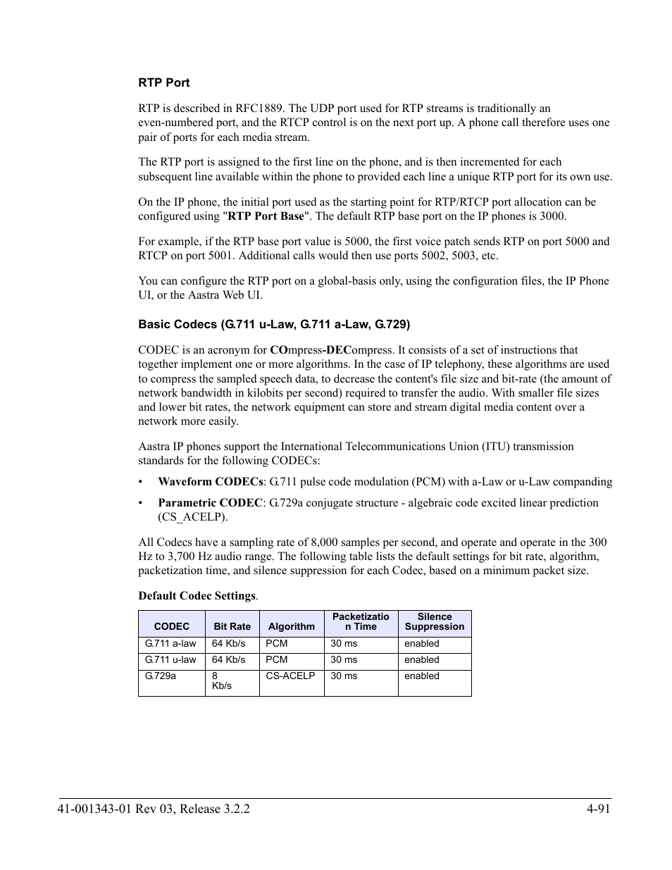 Rtp port, Basic codecs (g.711 u-law, g.711 a-law, g.729) | AASTRA 6700i series, 9143, 9480i, 9480i CT SIP Administrator Guide EN User Manual | Page 254 / 1049