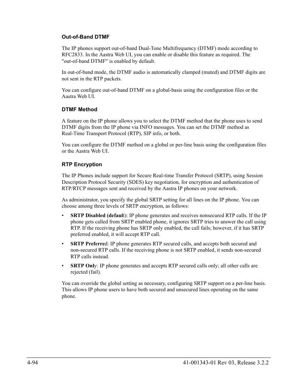 Out-of-band dtmf, Dtmf method, Rtp encryption | AASTRA 6700i series, 9143, 9480i, 9480i CT SIP Administrator Guide EN User Manual | Page 257 / 1049