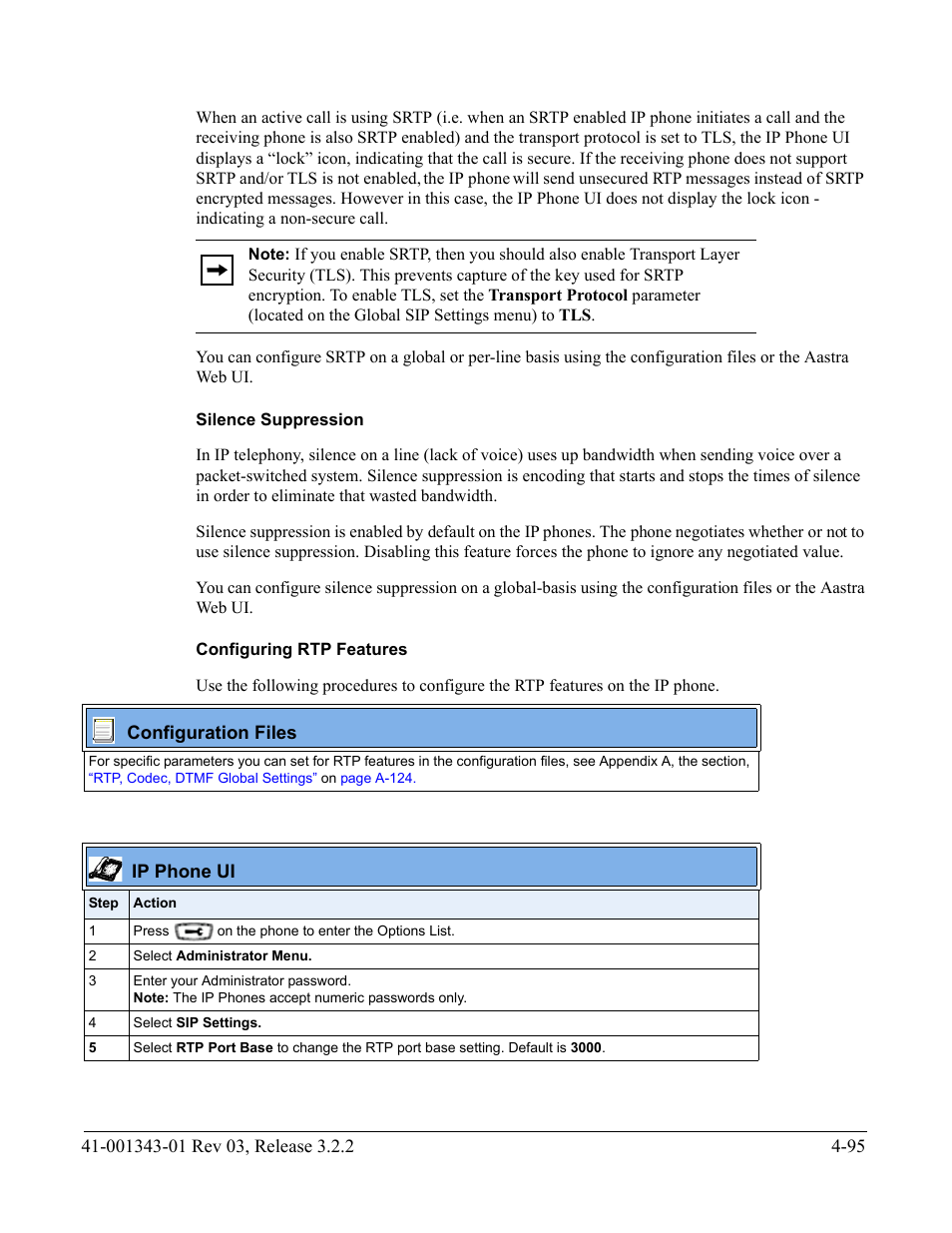 Silence suppression, Configuring rtp features | AASTRA 6700i series, 9143, 9480i, 9480i CT SIP Administrator Guide EN User Manual | Page 258 / 1049
