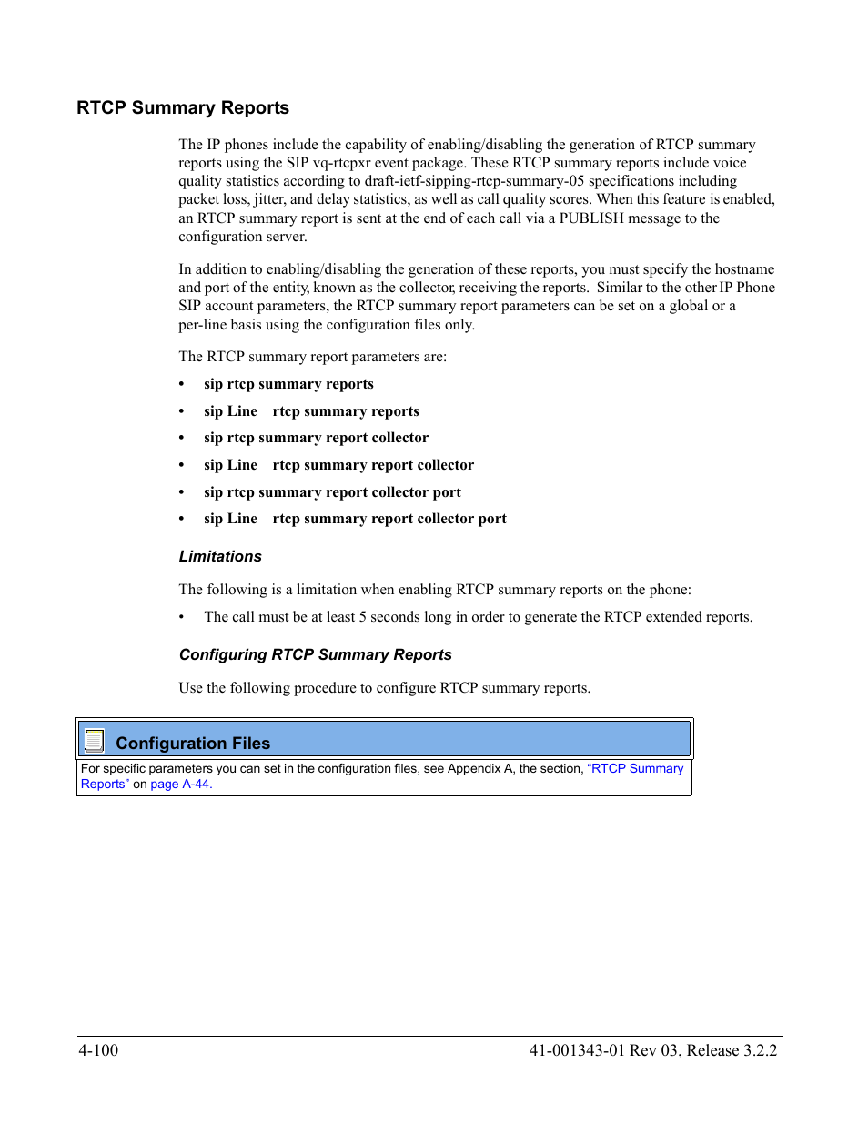 Rtcp summary reports, Limitations, Configuring rtcp summary reports | Rtcp summary reports -100 | AASTRA 6700i series, 9143, 9480i, 9480i CT SIP Administrator Guide EN User Manual | Page 263 / 1049