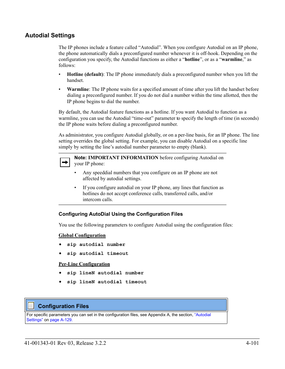 Autodial settings, Configuring autodial using the configuration files, Autodial settings -101 | Autodial, Settings | AASTRA 6700i series, 9143, 9480i, 9480i CT SIP Administrator Guide EN User Manual | Page 264 / 1049
