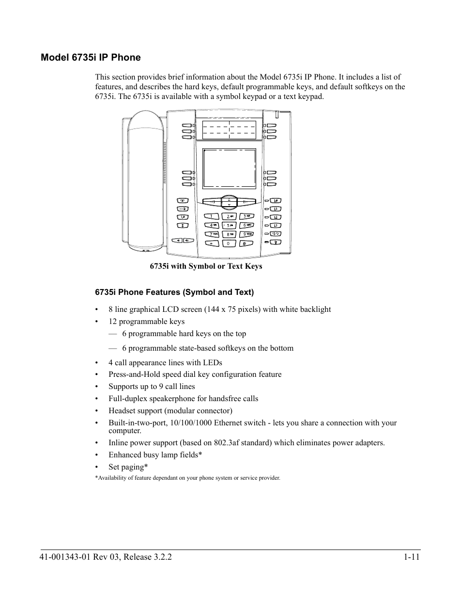 Model 6735i ip phone, 6735i phone features (symbol and text), Model 6735i ip phone -11 | AASTRA 6700i series, 9143, 9480i, 9480i CT SIP Administrator Guide EN User Manual | Page 28 / 1049