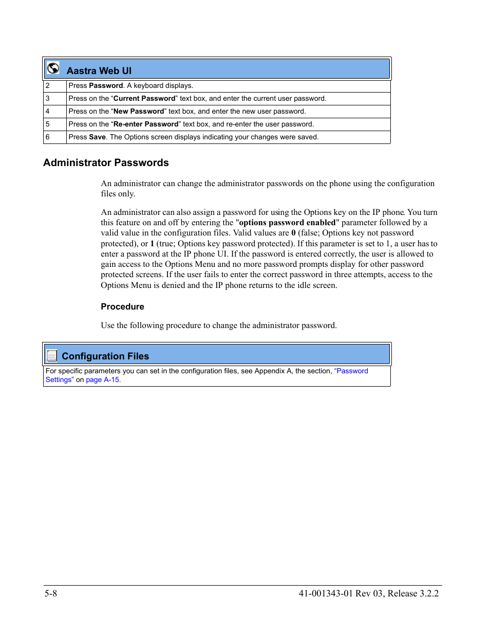 Administrator passwords, Procedure, Administrator passwords -8 | AASTRA 6700i series, 9143, 9480i, 9480i CT SIP Administrator Guide EN User Manual | Page 285 / 1049