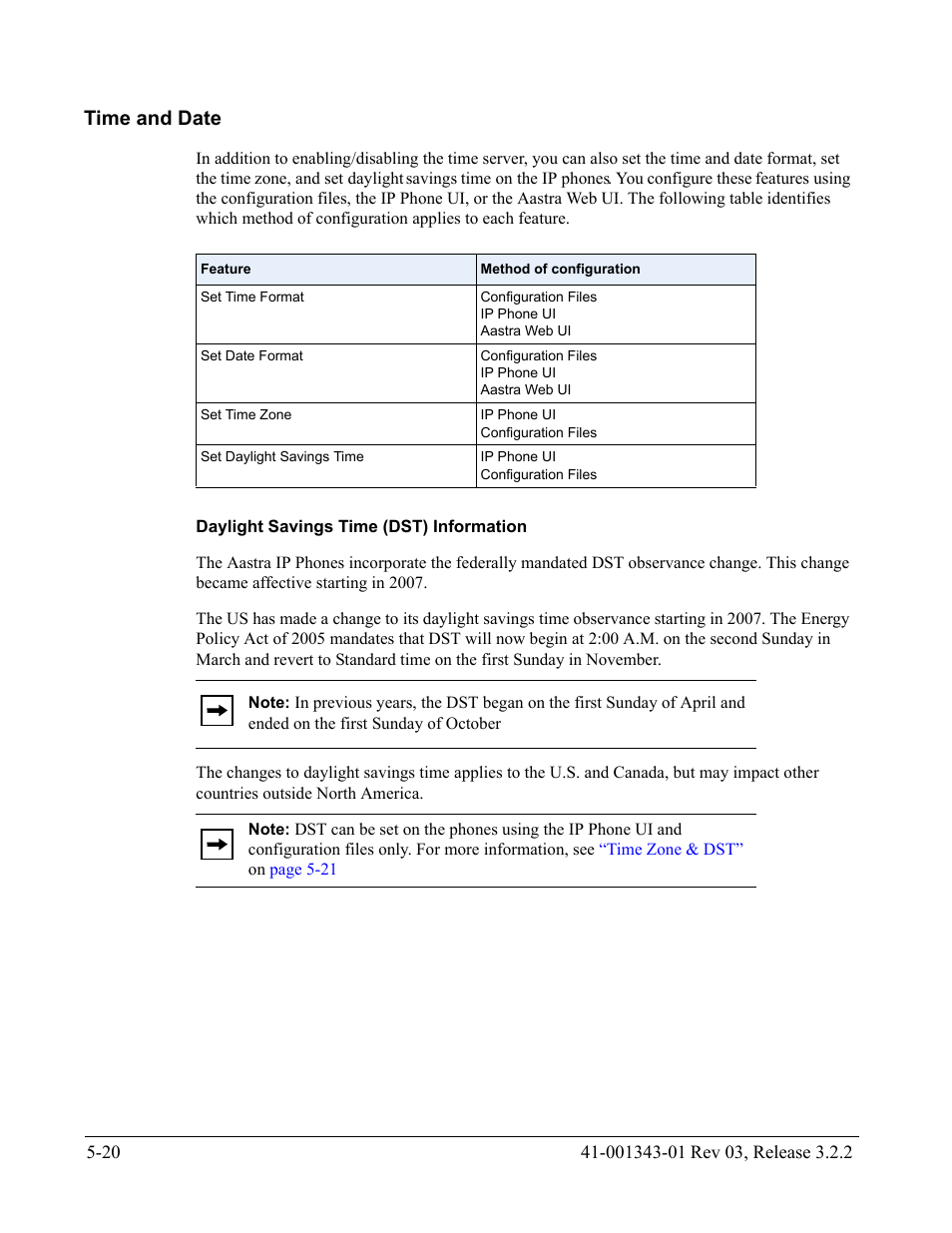 Time and date, Daylight savings time (dst) information, Time and date -20 | AASTRA 6700i series, 9143, 9480i, 9480i CT SIP Administrator Guide EN User Manual | Page 297 / 1049