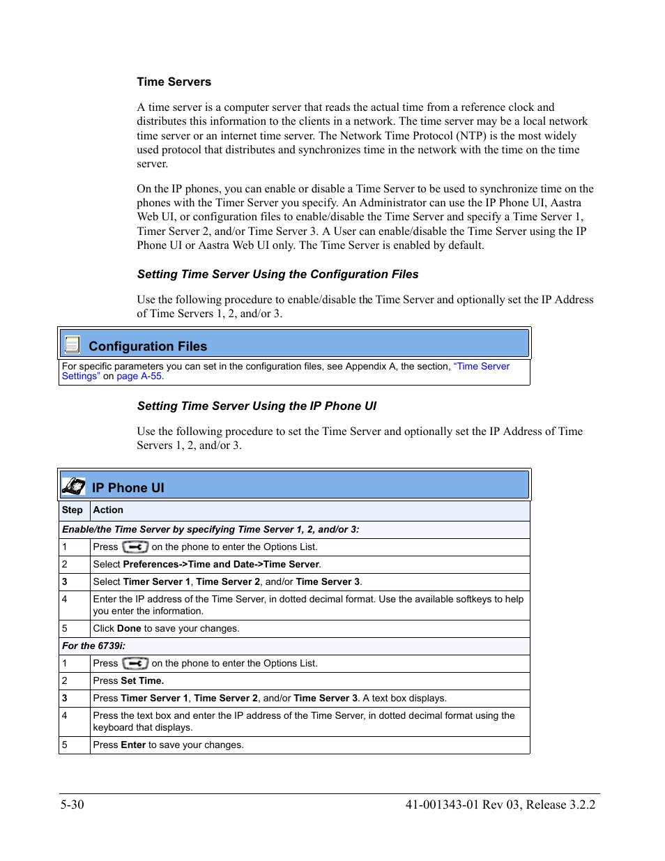 Time servers, Setting time server using the configuration files, Setting time server using the ip phone ui | AASTRA 6700i series, 9143, 9480i, 9480i CT SIP Administrator Guide EN User Manual | Page 307 / 1049