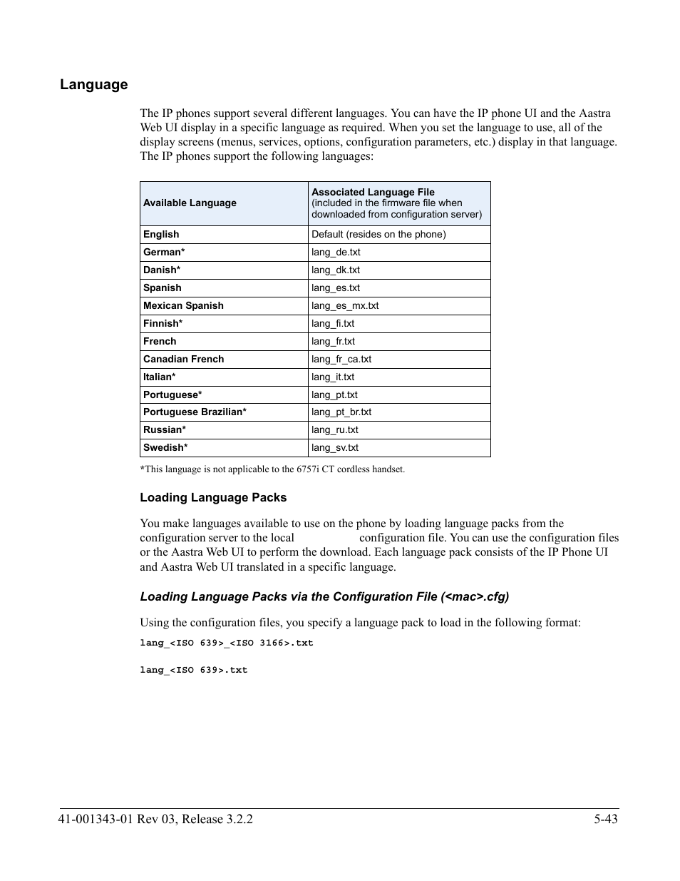 Language, Loading language packs, Language -43 | Loading language, Packs | AASTRA 6700i series, 9143, 9480i, 9480i CT SIP Administrator Guide EN User Manual | Page 320 / 1049