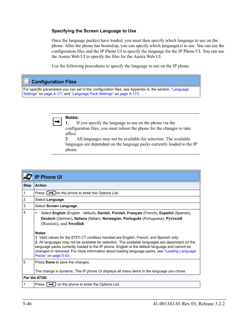 Specifying the screen language to use, Specifying the, Screen language to use | AASTRA 6700i series, 9143, 9480i, 9480i CT SIP Administrator Guide EN User Manual | Page 323 / 1049