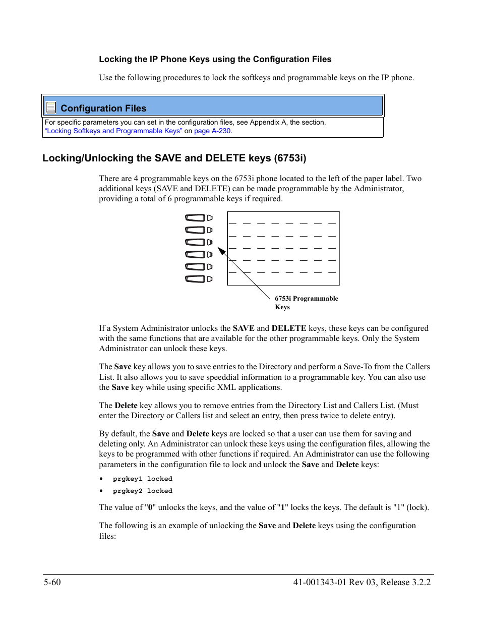 Locking/unlocking the save and delete keys (6753i), Locking/unlocking the save and delete, Keys (6753i) | AASTRA 6700i series, 9143, 9480i, 9480i CT SIP Administrator Guide EN User Manual | Page 337 / 1049