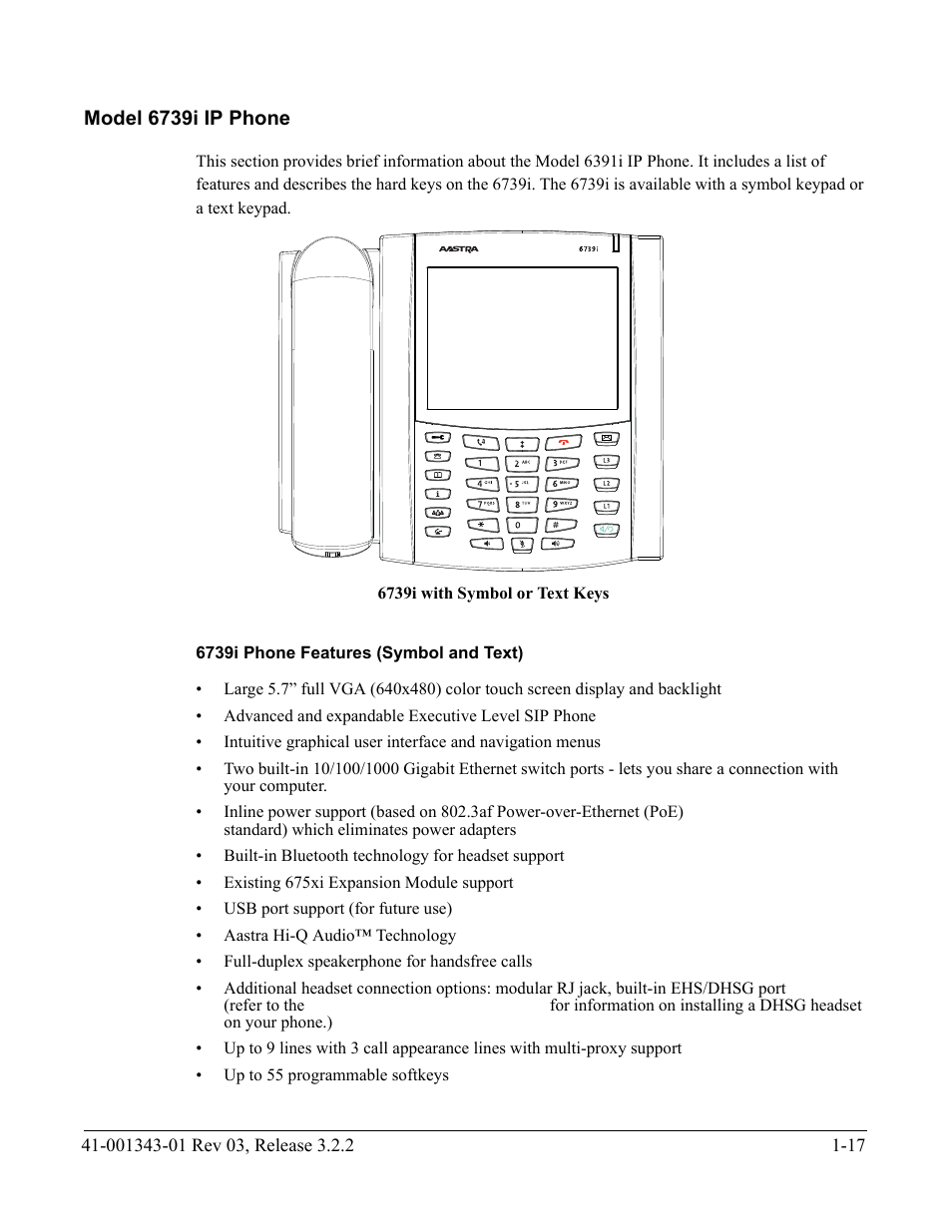 Model 6739i ip phone, 6739i phone features (symbol and text), Model 6739i ip phone -17 | AASTRA 6700i series, 9143, 9480i, 9480i CT SIP Administrator Guide EN User Manual | Page 34 / 1049