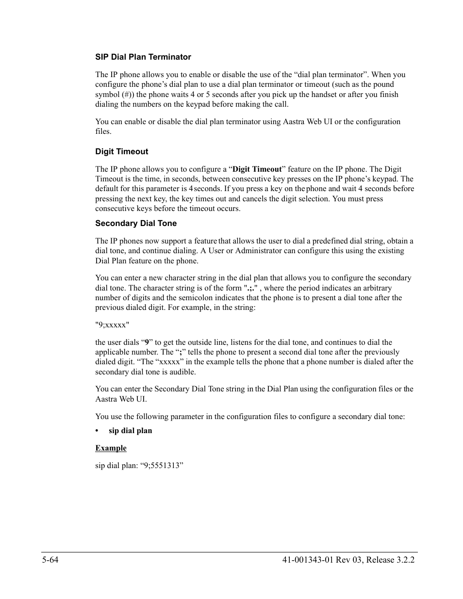 Sip dial plan terminator, Digit timeout, Secondary dial tone | AASTRA 6700i series, 9143, 9480i, 9480i CT SIP Administrator Guide EN User Manual | Page 341 / 1049