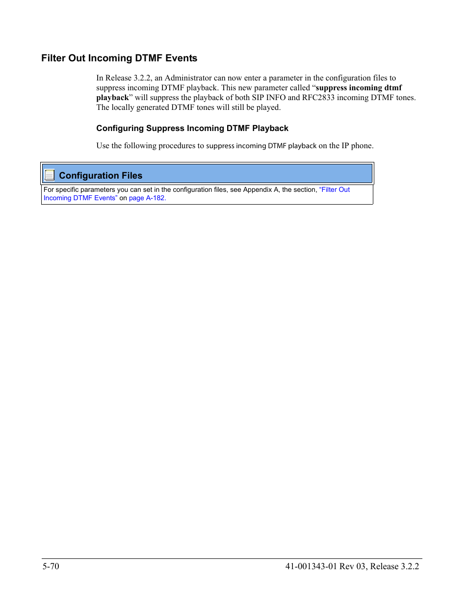 Filter out incoming dtmf events, Configuring suppress incoming dtmf playback, Filter out incoming dtmf events -70 | AASTRA 6700i series, 9143, 9480i, 9480i CT SIP Administrator Guide EN User Manual | Page 347 / 1049