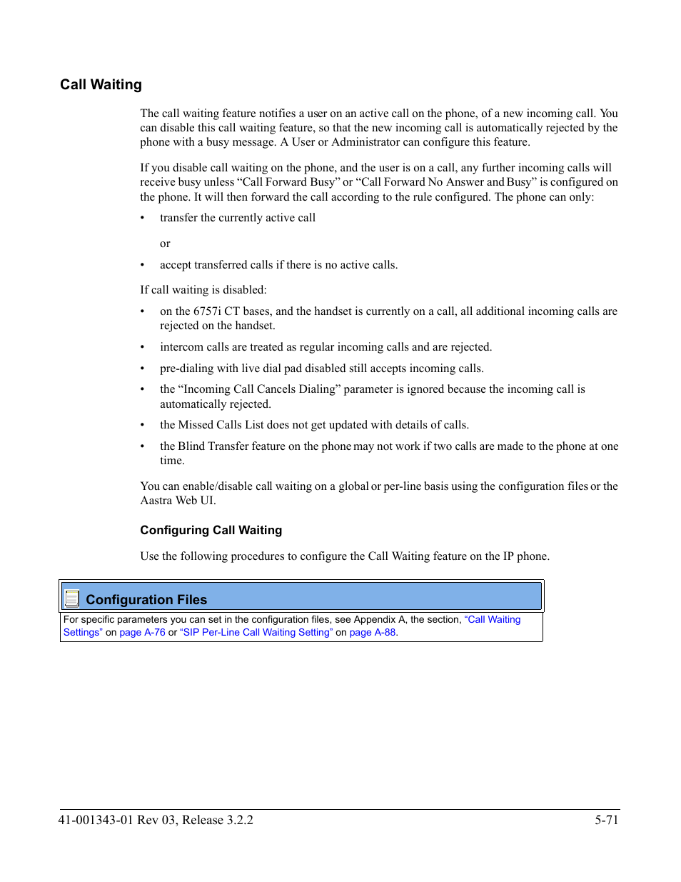 Call waiting, Configuring call waiting, Call waiting -71 | Call, Waiting | AASTRA 6700i series, 9143, 9480i, 9480i CT SIP Administrator Guide EN User Manual | Page 348 / 1049