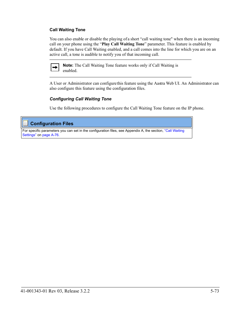 Call waiting tone, Configuring call waiting tone | AASTRA 6700i series, 9143, 9480i, 9480i CT SIP Administrator Guide EN User Manual | Page 350 / 1049