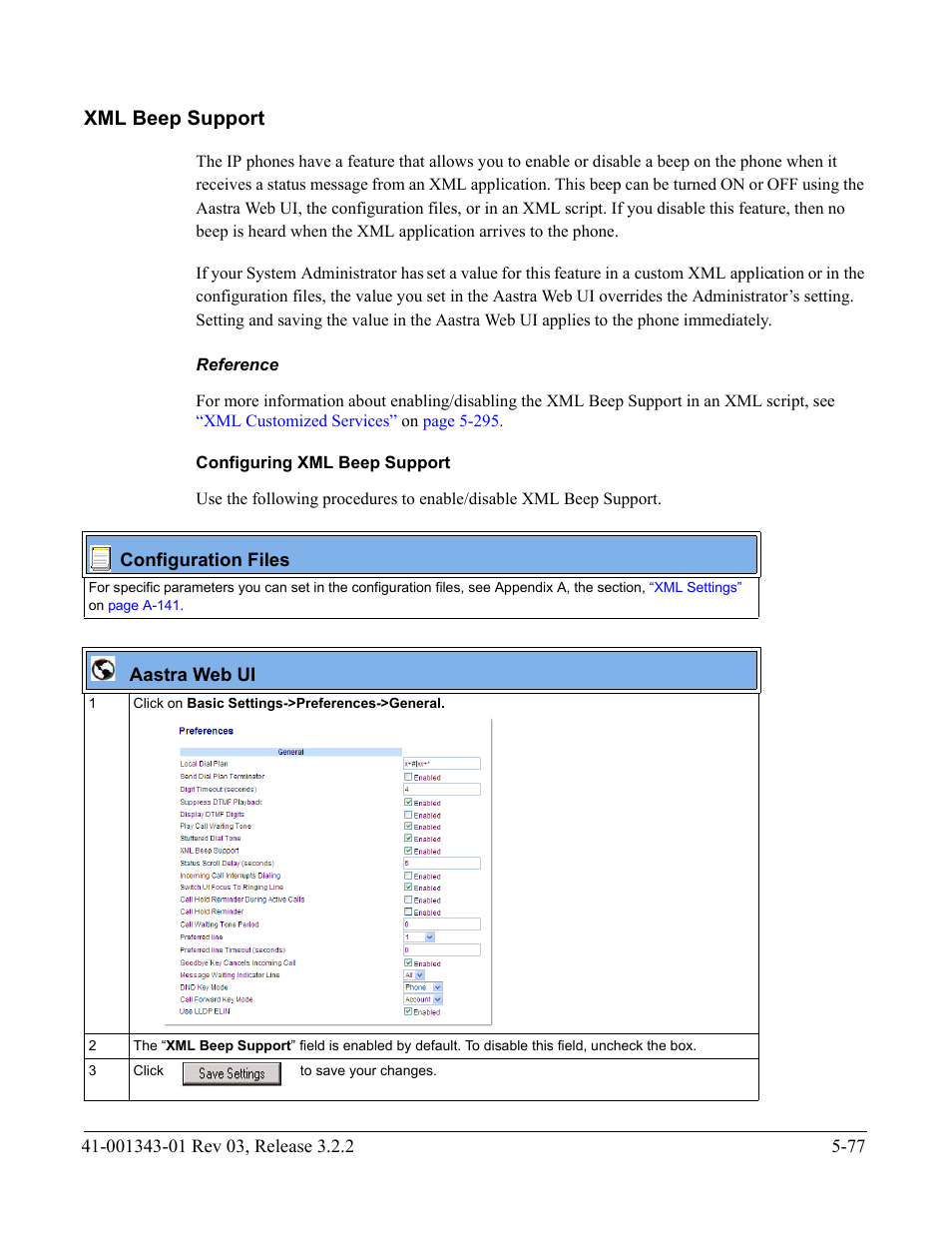 Xml beep support, Reference, Configuring xml beep support | Xml beep support -77, Feature, see | AASTRA 6700i series, 9143, 9480i, 9480i CT SIP Administrator Guide EN User Manual | Page 354 / 1049