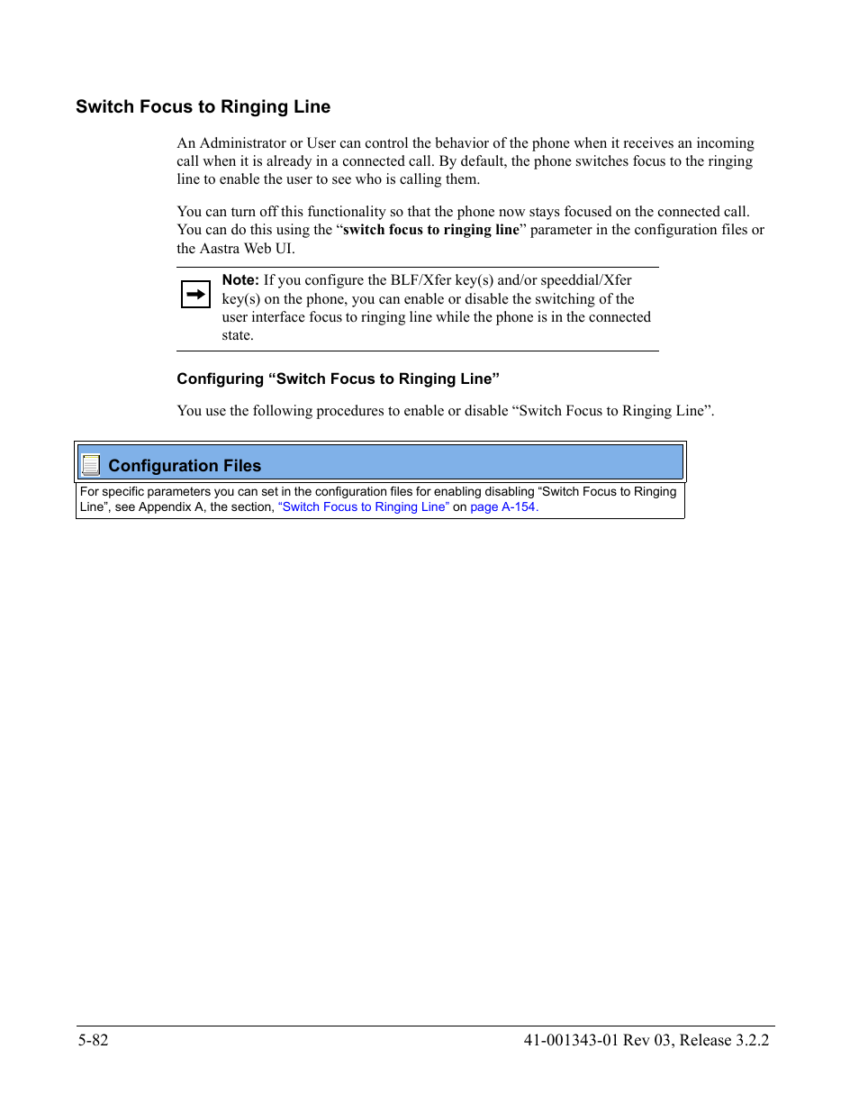 Switch focus to ringing line, Configuring “switch focus to ringing line, Switch focus to ringing line -82 | Switch focus to ringing, Line | AASTRA 6700i series, 9143, 9480i, 9480i CT SIP Administrator Guide EN User Manual | Page 359 / 1049