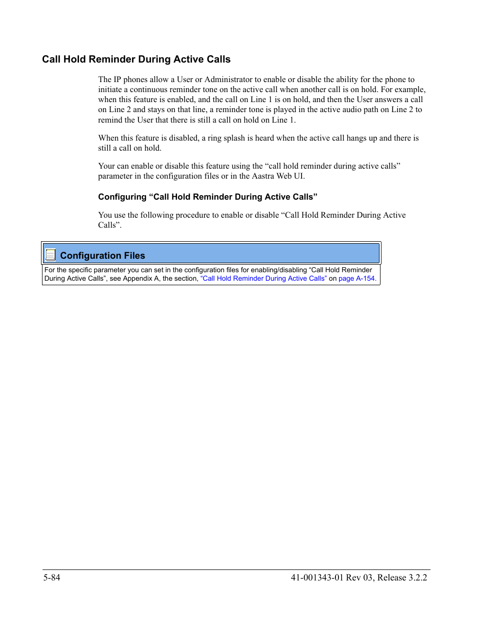 Call hold reminder during active calls, Call hold reminder during active calls -84, Call hold reminder | During active calls | AASTRA 6700i series, 9143, 9480i, 9480i CT SIP Administrator Guide EN User Manual | Page 361 / 1049