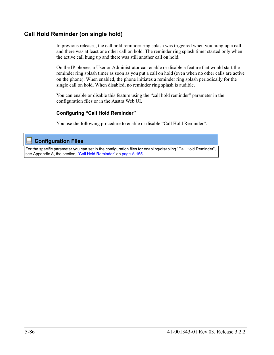 Call hold reminder (on single hold), Configuring “call hold reminder, Call hold reminder (on single hold) -86 | Call hold reminder (on, Single hold) | AASTRA 6700i series, 9143, 9480i, 9480i CT SIP Administrator Guide EN User Manual | Page 363 / 1049
