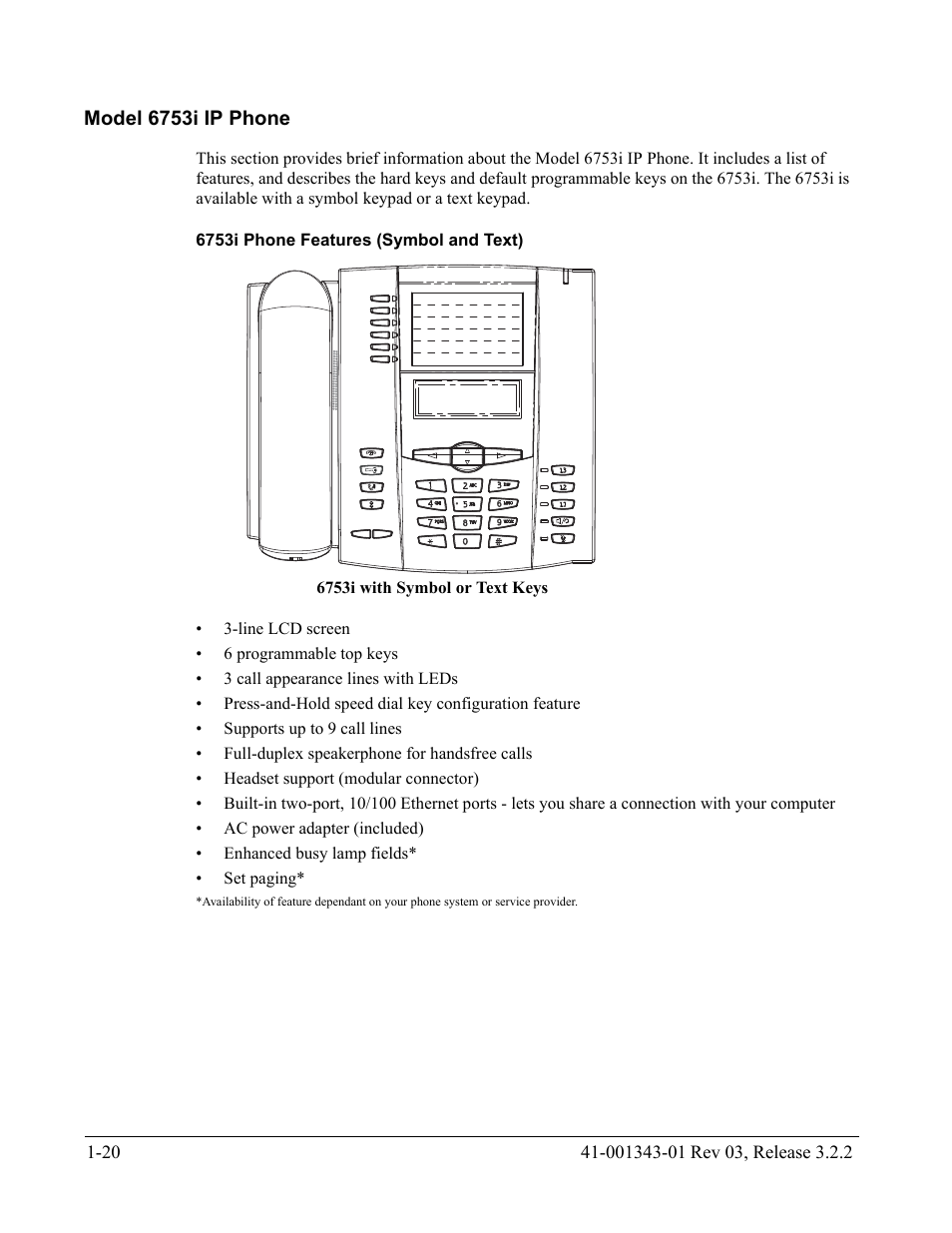 Model 6753i ip phone, 6753i phone features (symbol and text), Model 6753i ip phone -20 | AASTRA 6700i series, 9143, 9480i, 9480i CT SIP Administrator Guide EN User Manual | Page 37 / 1049