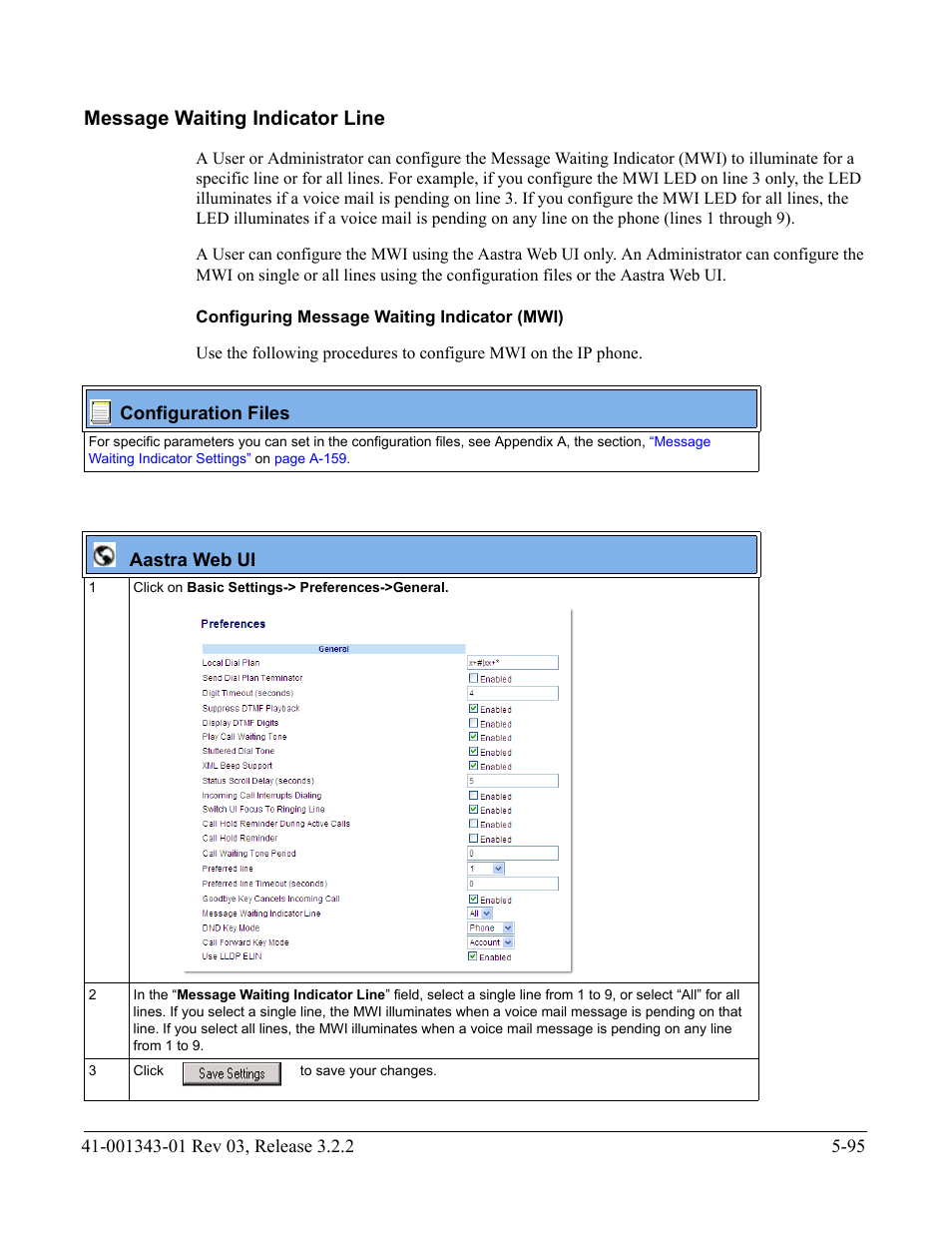 Message waiting indicator line, Configuring message waiting indicator (mwi), Message waiting indicator line -95 | Feature, see, Message waiting indicator, Line | AASTRA 6700i series, 9143, 9480i, 9480i CT SIP Administrator Guide EN User Manual | Page 372 / 1049