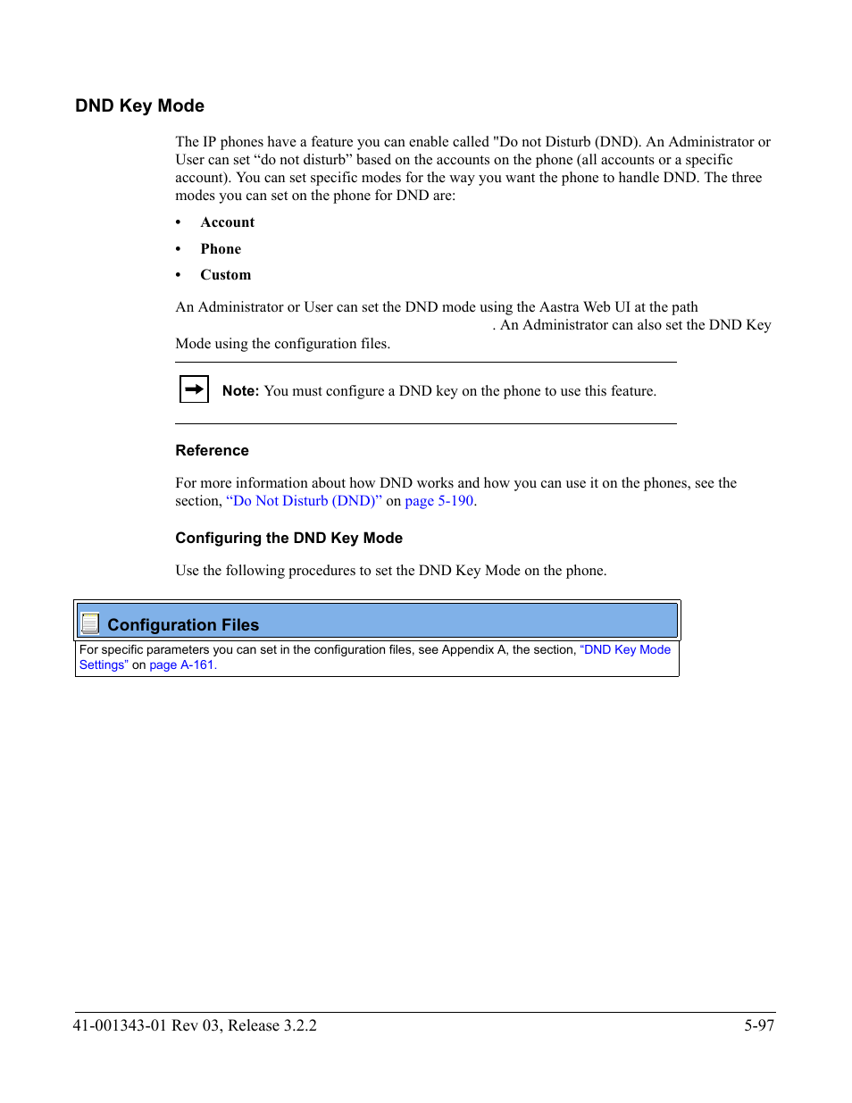 Dnd key mode, Reference, Configuring the dnd key mode | Dnd key mode -97, Also see | AASTRA 6700i series, 9143, 9480i, 9480i CT SIP Administrator Guide EN User Manual | Page 374 / 1049