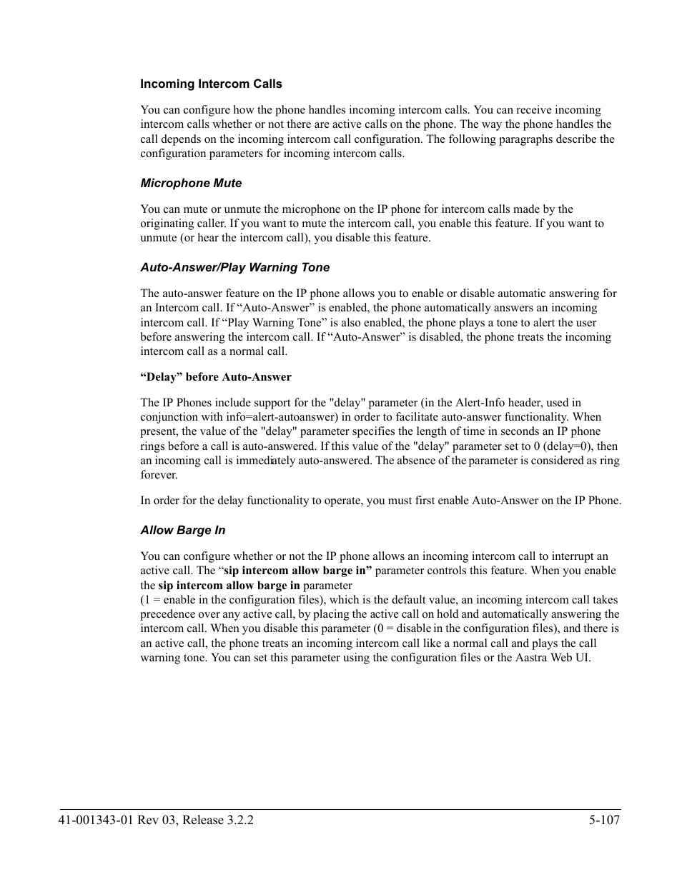Incoming intercom calls, Microphone mute, Auto-answer/play warning tone | Allow barge in | AASTRA 6700i series, 9143, 9480i, 9480i CT SIP Administrator Guide EN User Manual | Page 384 / 1049