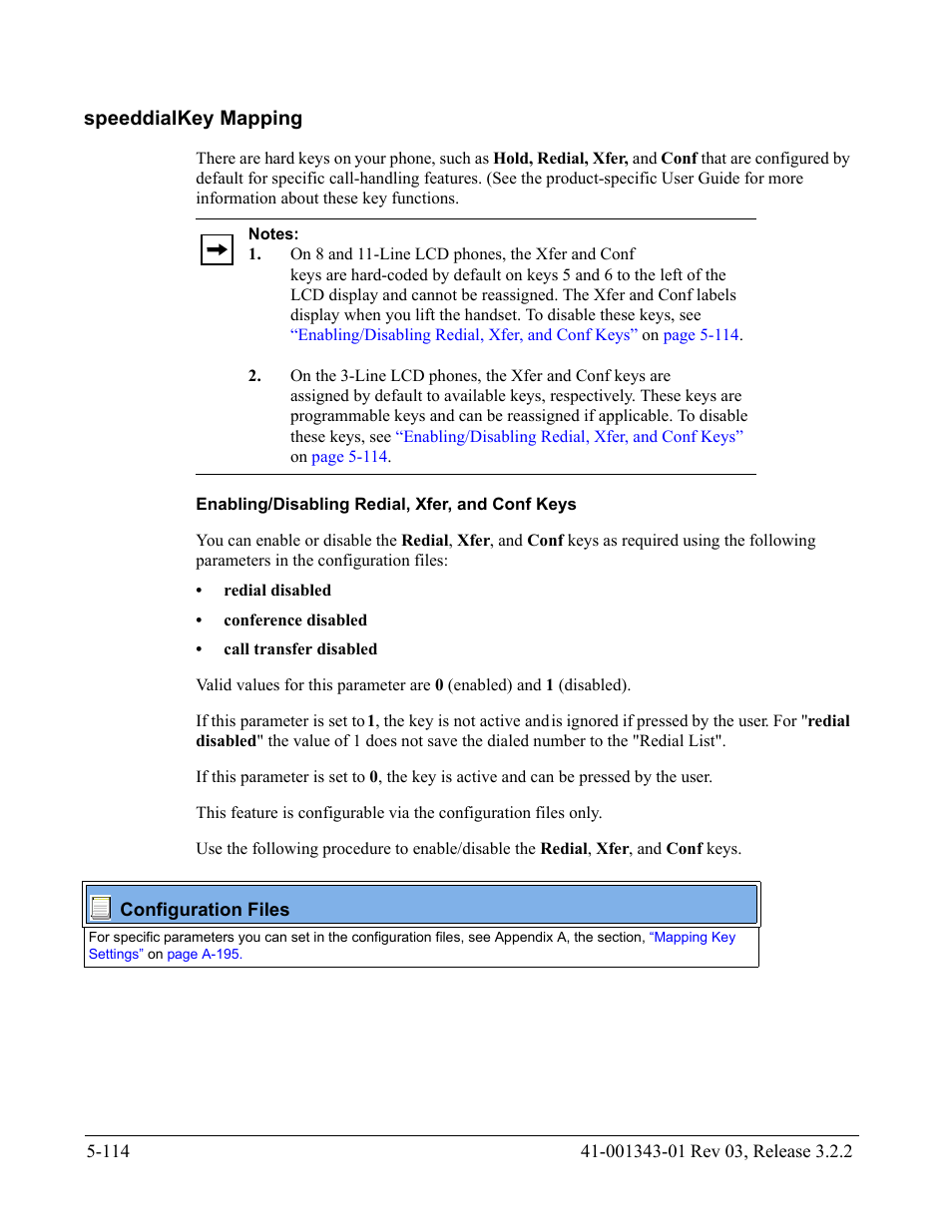Speeddialkey mapping, Enabling/disabling redial, xfer, and conf keys, Speeddialkey mapping -114 | AASTRA 6700i series, 9143, 9480i, 9480i CT SIP Administrator Guide EN User Manual | Page 391 / 1049