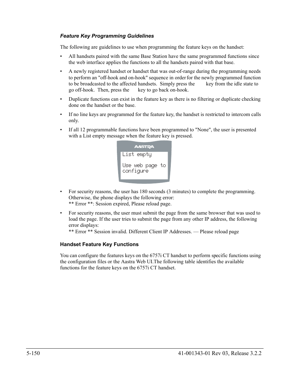 Feature key programming guidelines, Handset feature key functions | AASTRA 6700i series, 9143, 9480i, 9480i CT SIP Administrator Guide EN User Manual | Page 427 / 1049