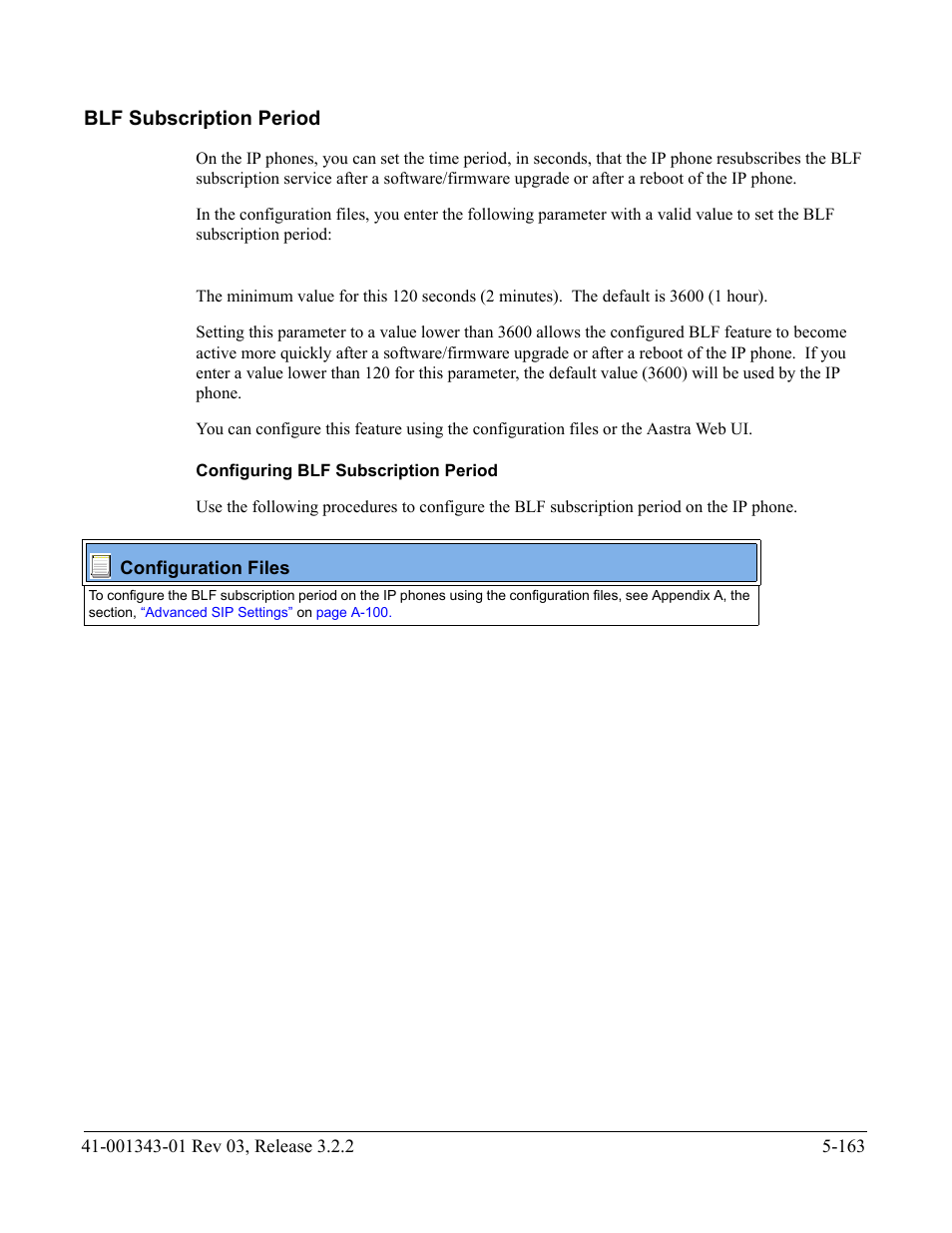Blf subscription period, Configuring blf subscription period, Blf subscription period -163 | AASTRA 6700i series, 9143, 9480i, 9480i CT SIP Administrator Guide EN User Manual | Page 440 / 1049