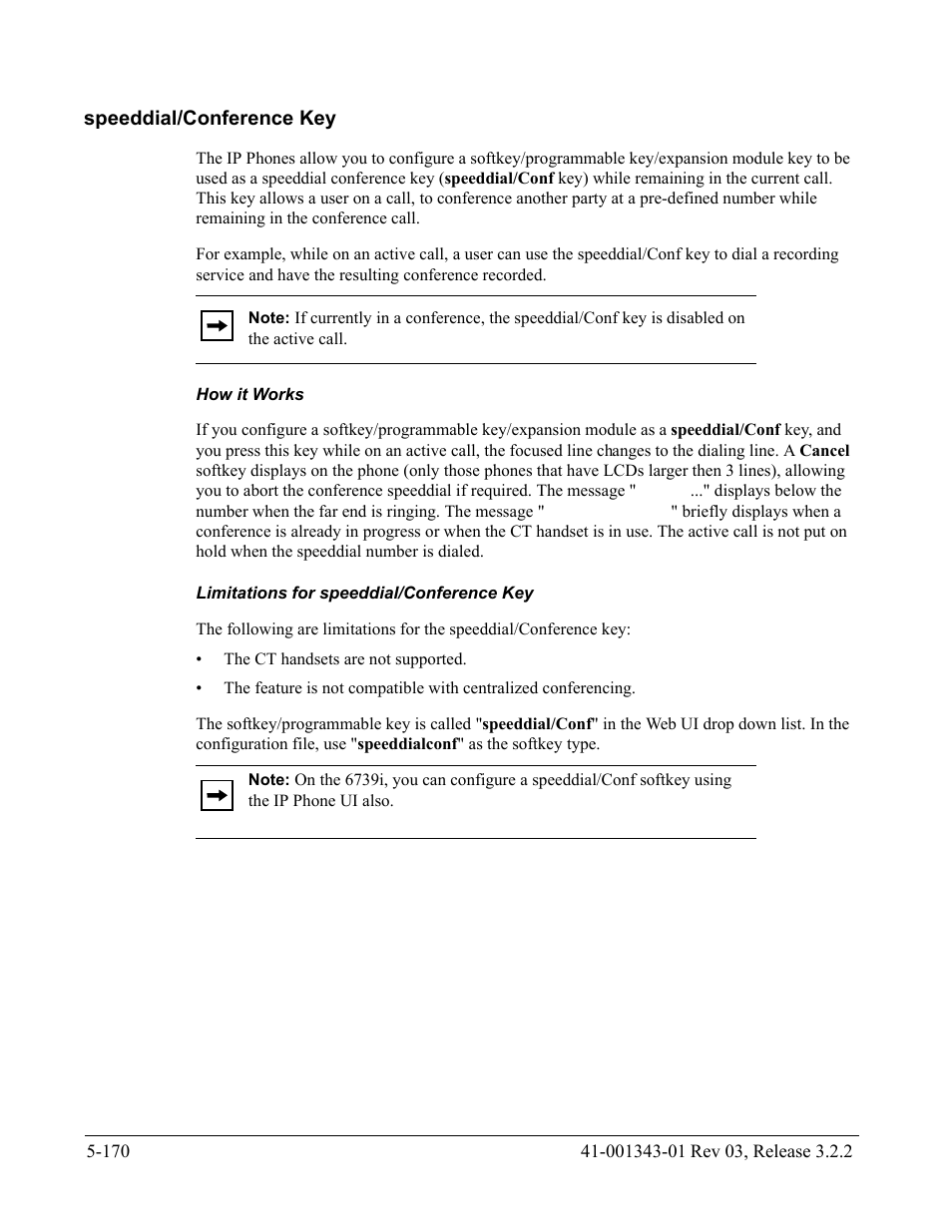 Speeddial/conference key, How it works, Limitations for speeddial/conference key | Speeddial/conference key -170 | AASTRA 6700i series, 9143, 9480i, 9480i CT SIP Administrator Guide EN User Manual | Page 447 / 1049