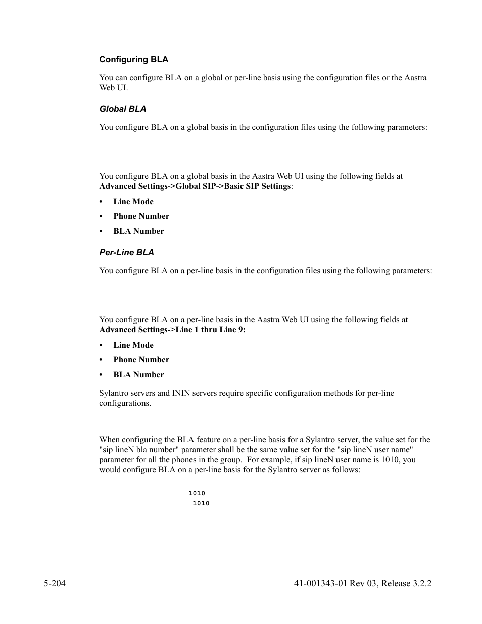 Configuring bla, Global bla, Per-line bla | AASTRA 6700i series, 9143, 9480i, 9480i CT SIP Administrator Guide EN User Manual | Page 481 / 1049