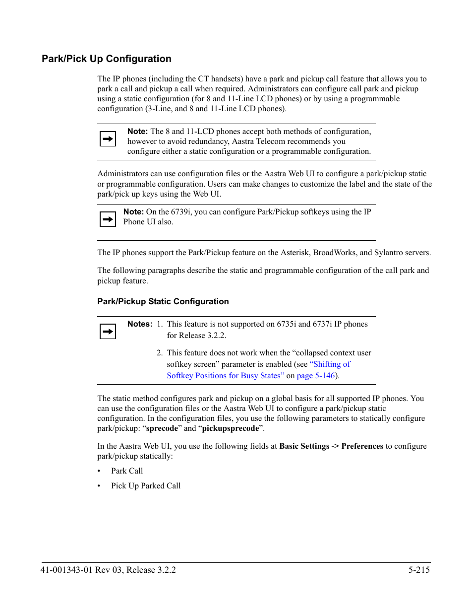 Park/pick up configuration, Park/pickup static configuration, Park/pick up configuration -215 | Rk, see the section, Park/pick, Up configuration, Park/pick up, Configuration | AASTRA 6700i series, 9143, 9480i, 9480i CT SIP Administrator Guide EN User Manual | Page 492 / 1049