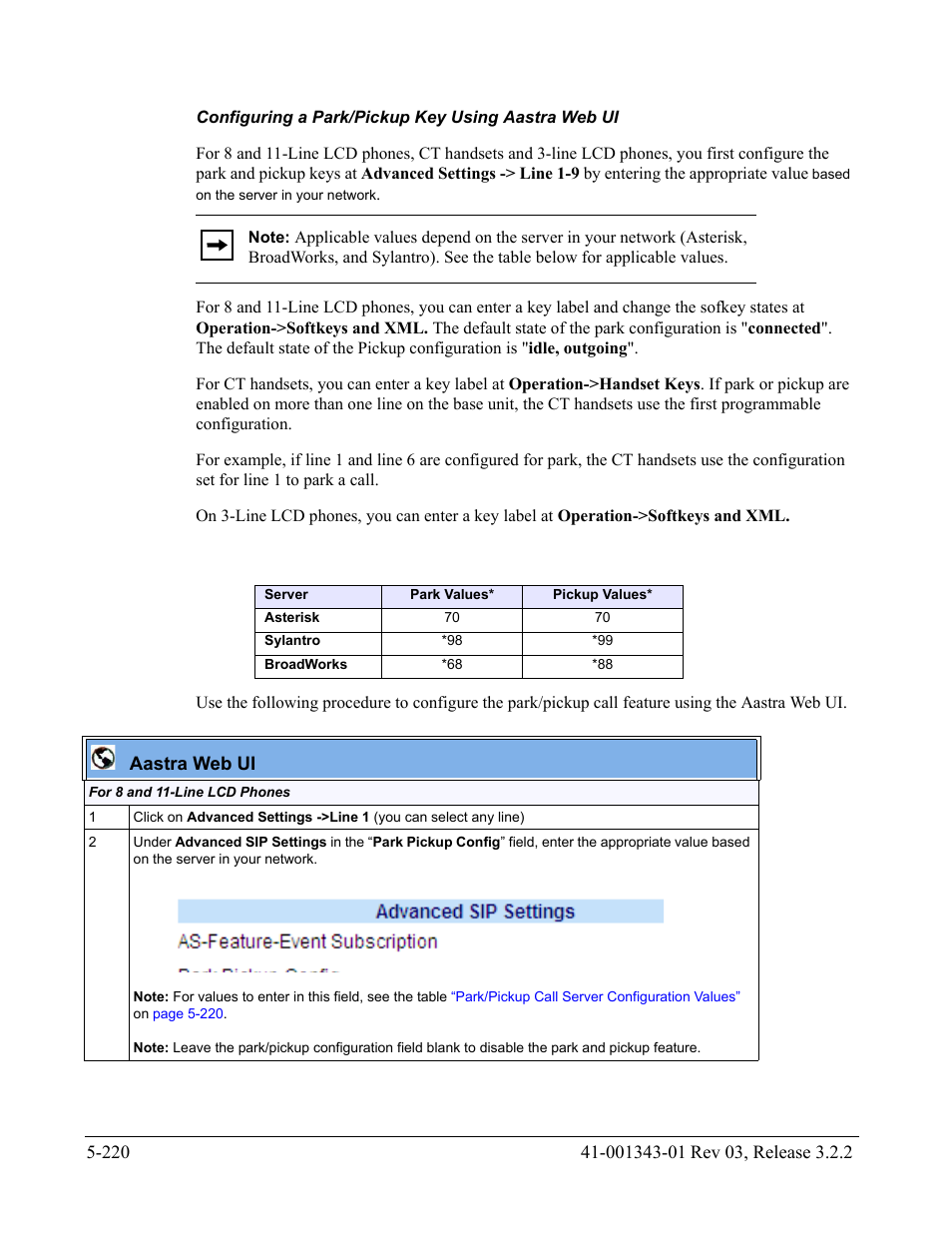 Configuring a park/pickup key using aastra web ui, Park/pickup call server configuration values | AASTRA 6700i series, 9143, 9480i, 9480i CT SIP Administrator Guide EN User Manual | Page 497 / 1049