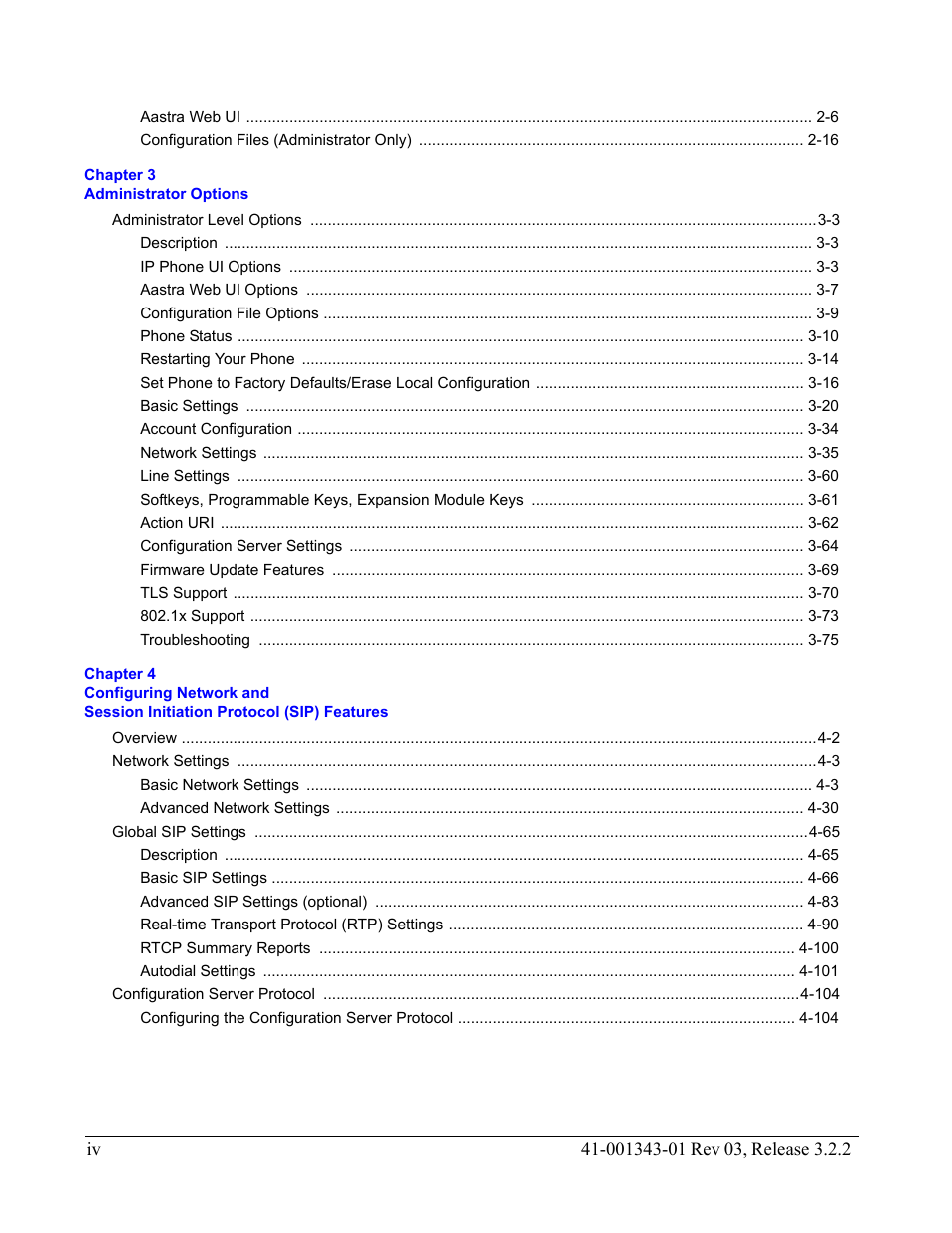 Aastra web ui -6, Configuration files (administrator only) -16, Chapter 3 administrator options | Administrator level options -3, Description -3, Ip phone ui options -3, Aastra web ui options -7, Configuration file options -9, Phone status -10, Restarting your phone -14 | AASTRA 6700i series, 9143, 9480i, 9480i CT SIP Administrator Guide EN User Manual | Page 5 / 1049