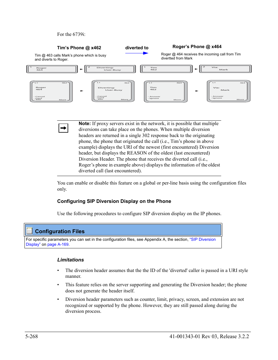 Configuring sip diversion display on the phone, Limitations, Configuration files | AASTRA 6700i series, 9143, 9480i, 9480i CT SIP Administrator Guide EN User Manual | Page 545 / 1049