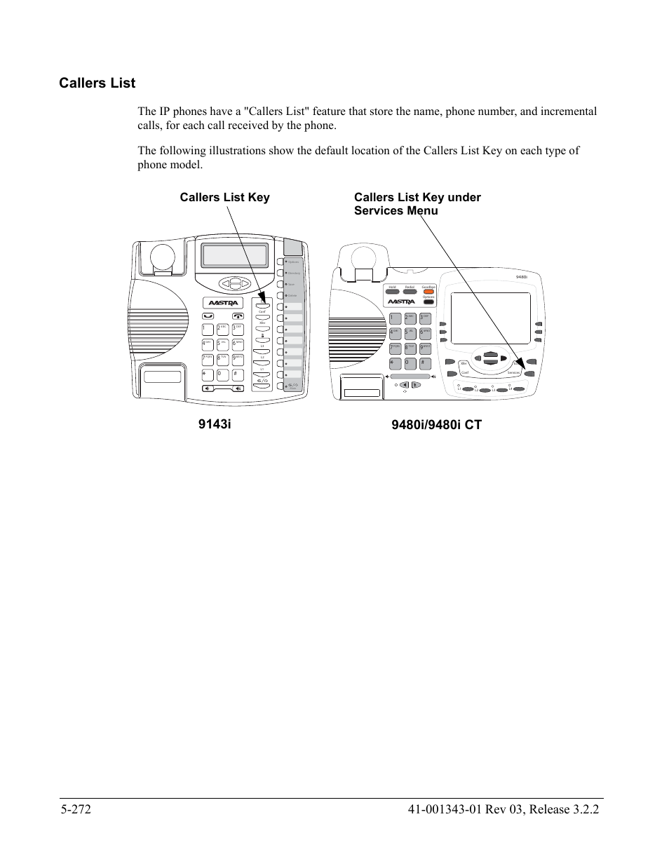 Callers list, Callers list -272, 9143i | Callers list key, Callers list key under services menu | AASTRA 6700i series, 9143, 9480i, 9480i CT SIP Administrator Guide EN User Manual | Page 549 / 1049