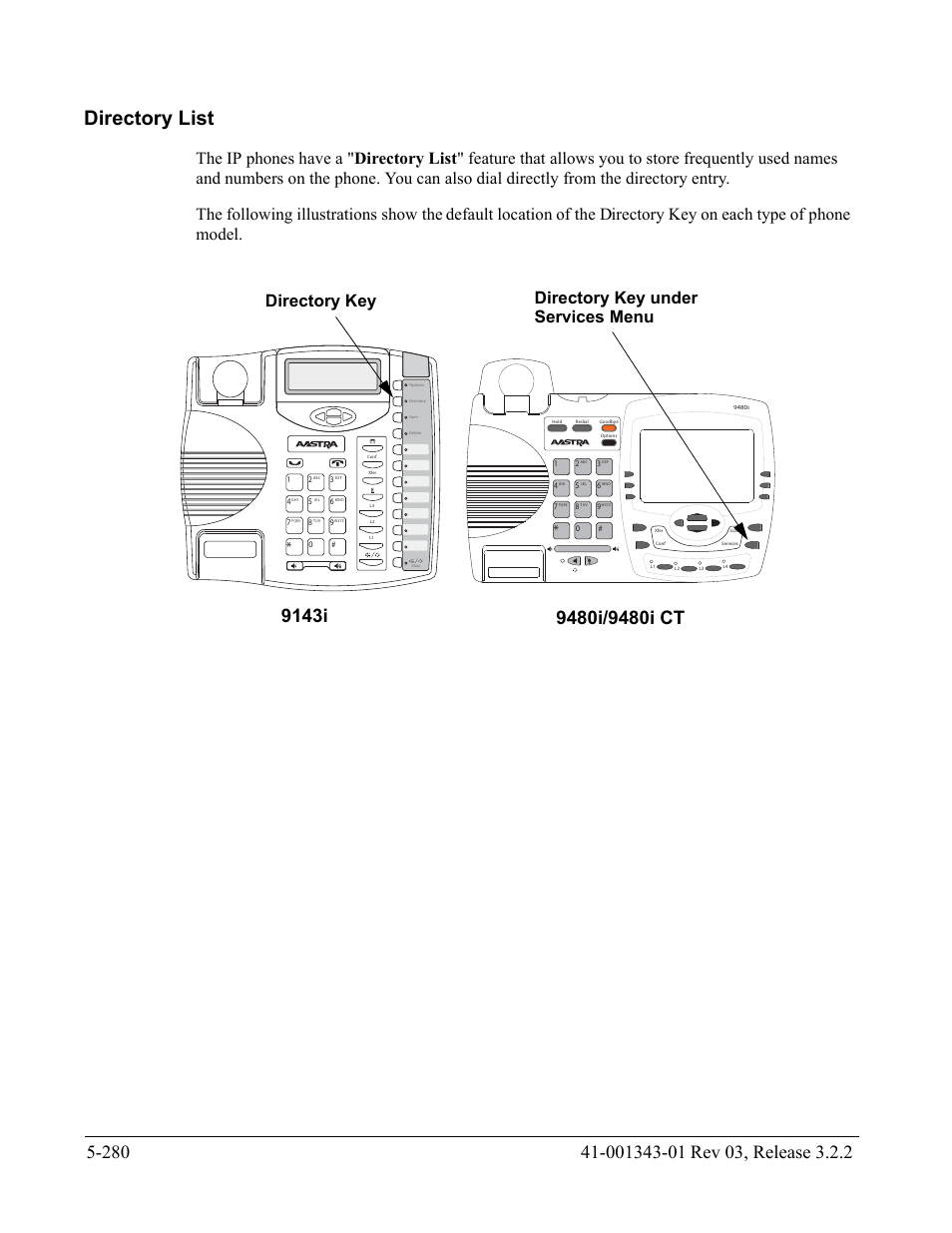Directory list, Directory list -280, Section | 9143i, Directory key, Directory key under services menu | AASTRA 6700i series, 9143, 9480i, 9480i CT SIP Administrator Guide EN User Manual | Page 557 / 1049
