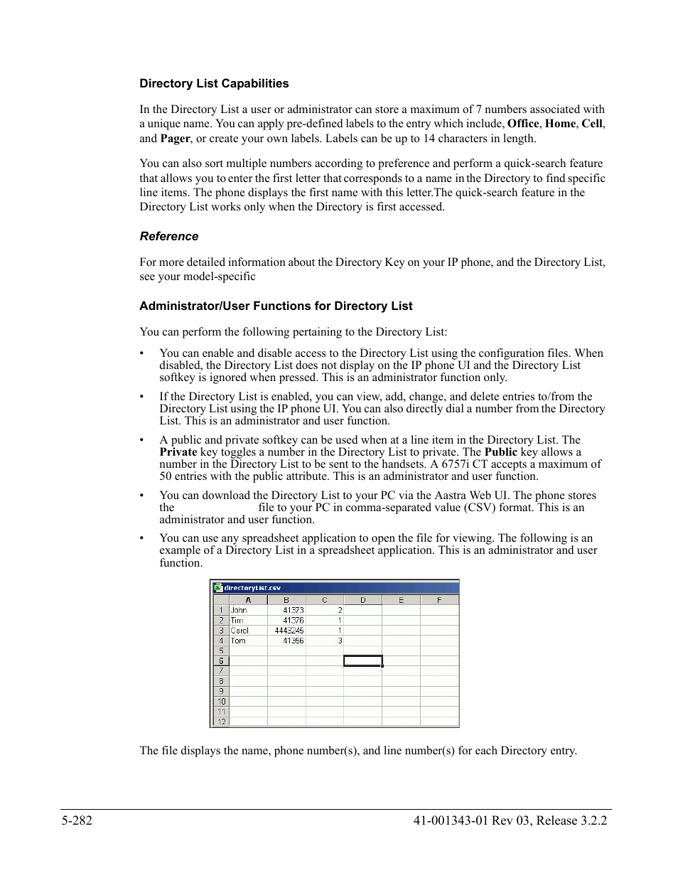 Directory list capabilities, Reference, Administrator/user functions for directory list | AASTRA 6700i series, 9143, 9480i, 9480i CT SIP Administrator Guide EN User Manual | Page 559 / 1049