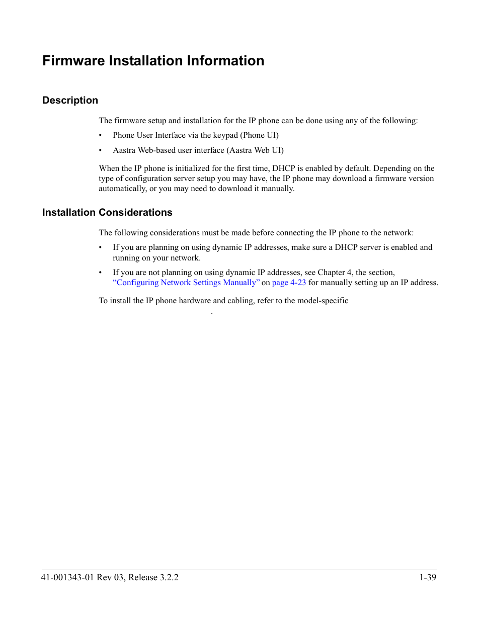 Firmware installation information, Description, Installation considerations | Firmware installation information -39, Description -39, Installation considerations -39 | AASTRA 6700i series, 9143, 9480i, 9480i CT SIP Administrator Guide EN User Manual | Page 56 / 1049