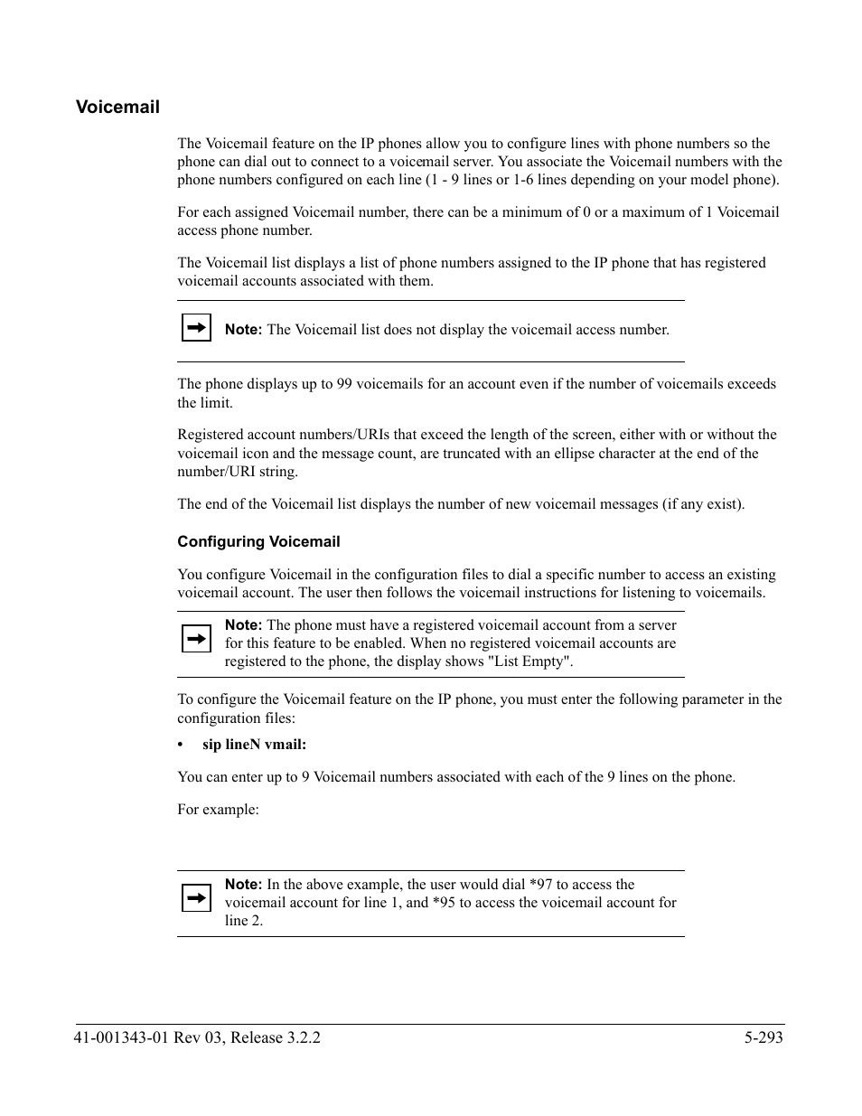 Voicemail, Configuring voicemail, Voicemail -293 | Tion | AASTRA 6700i series, 9143, 9480i, 9480i CT SIP Administrator Guide EN User Manual | Page 570 / 1049