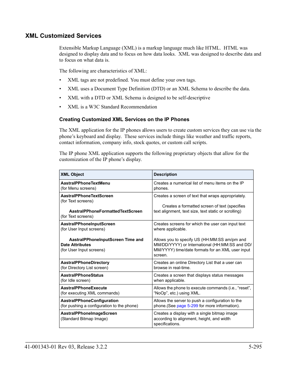 Xml customized services, Creating customized xml services on the ip phones, Xml customized services -295 | Customized services | AASTRA 6700i series, 9143, 9480i, 9480i CT SIP Administrator Guide EN User Manual | Page 572 / 1049