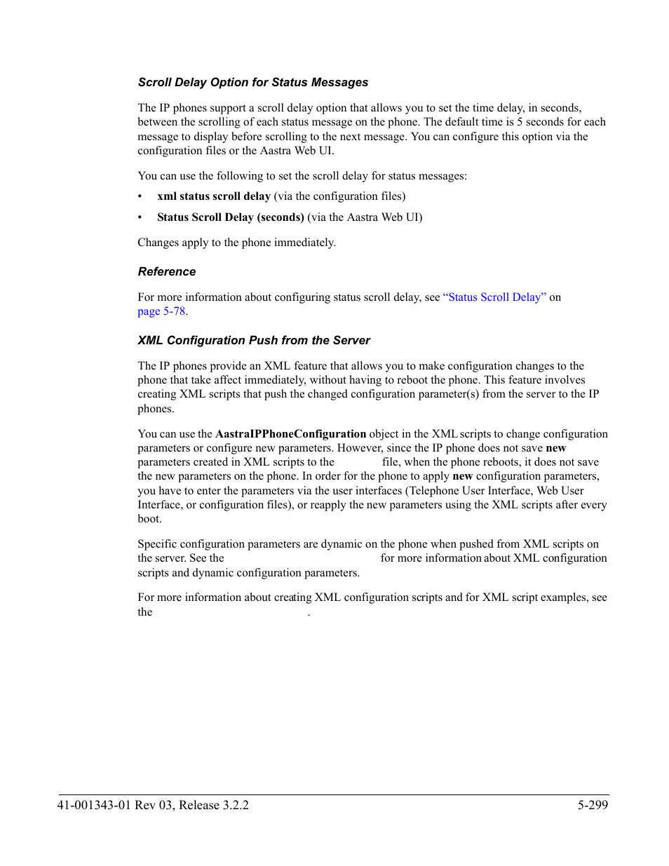 Scroll delay option for status messages, Reference, Xml configuration push from the server | AASTRA 6700i series, 9143, 9480i, 9480i CT SIP Administrator Guide EN User Manual | Page 576 / 1049