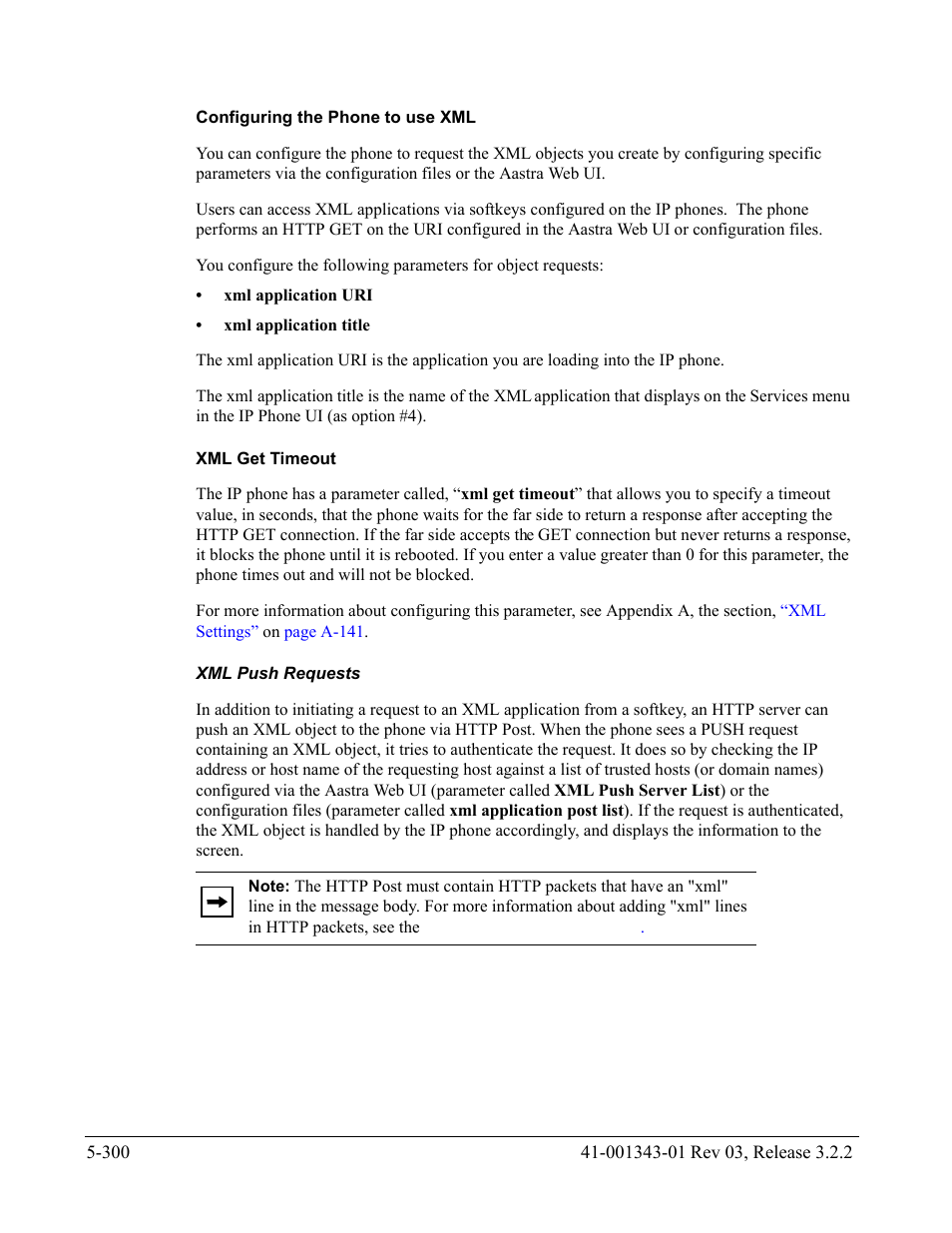 Configuring the phone to use xml, Xml get timeout, Xml push requests | Section | AASTRA 6700i series, 9143, 9480i, 9480i CT SIP Administrator Guide EN User Manual | Page 577 / 1049