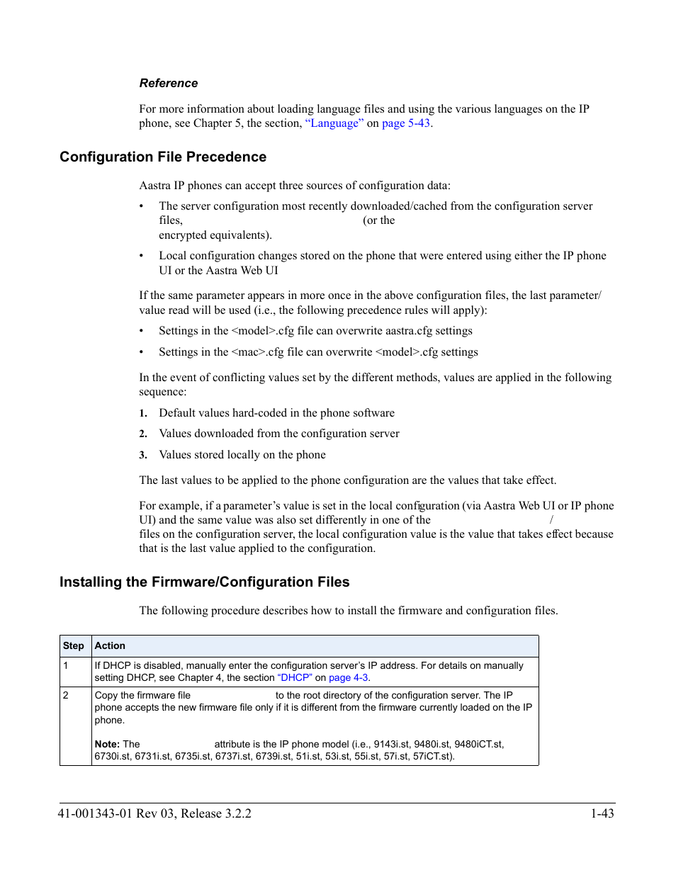 Reference, Configuration file precedence, Installing the firmware/configuration files | Configuration file precedence -43, Installing the firmware/configuration files -43 | AASTRA 6700i series, 9143, 9480i, 9480i CT SIP Administrator Guide EN User Manual | Page 60 / 1049