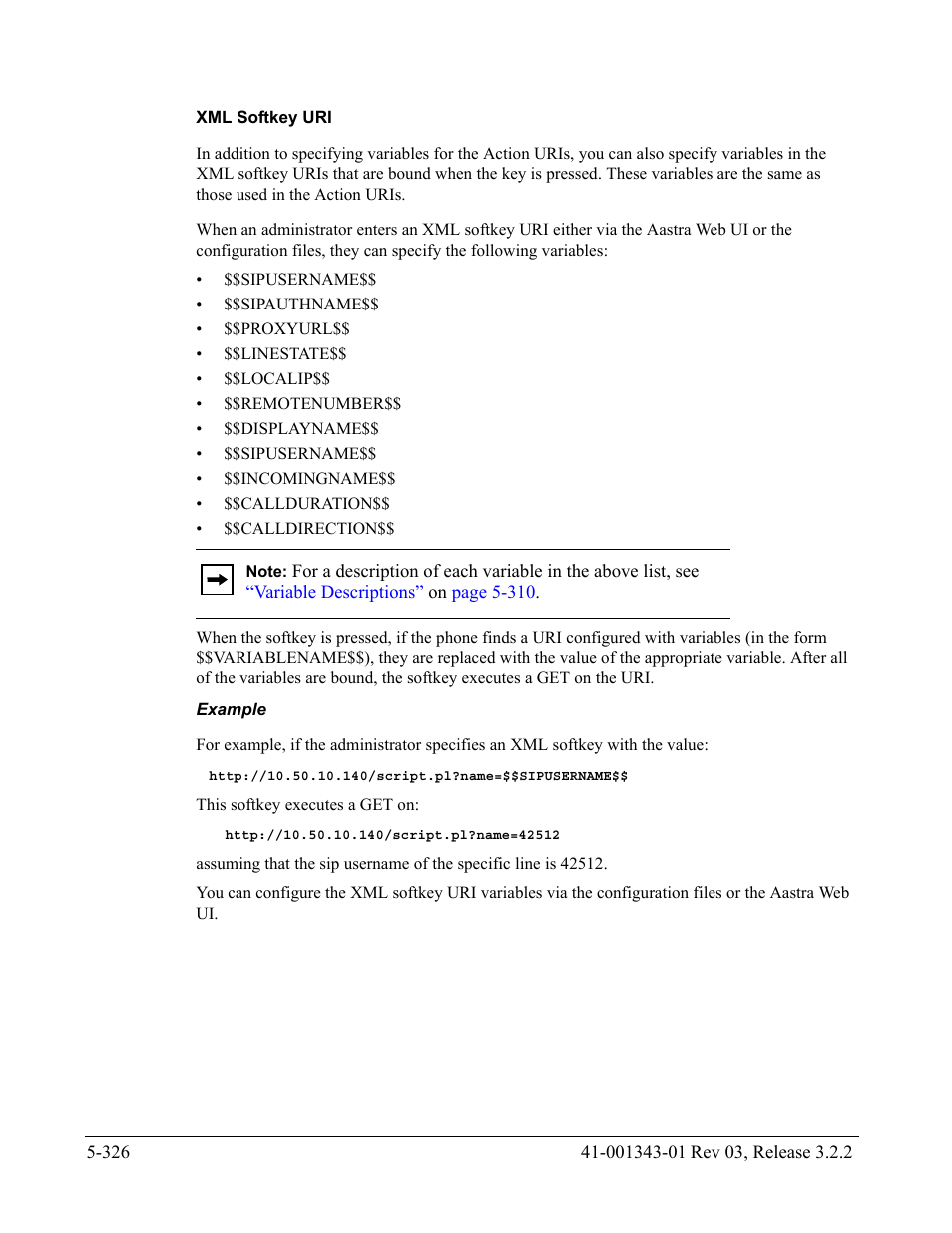 Xml softkey uri, Example | AASTRA 6700i series, 9143, 9480i, 9480i CT SIP Administrator Guide EN User Manual | Page 603 / 1049