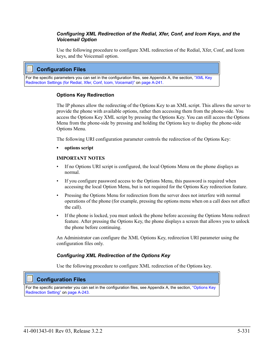 Options key redirection, Configuring xml redirection of the options key | AASTRA 6700i series, 9143, 9480i, 9480i CT SIP Administrator Guide EN User Manual | Page 608 / 1049